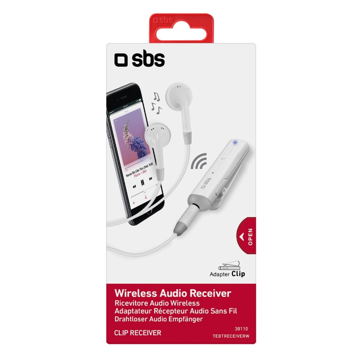 Box mit drahtlosem Audioempfänger, Ohrhörern, Musik-Handy und Adapter-Clip.