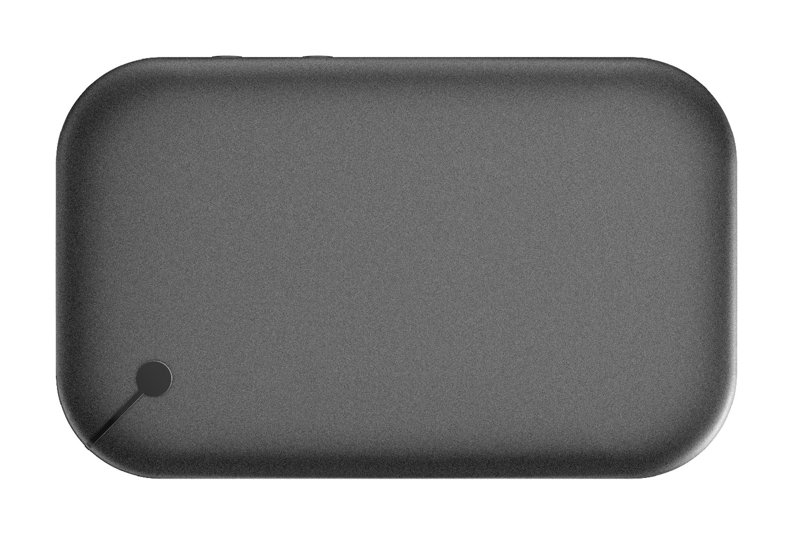 Ciemnoszare prostokątne urządzenie o zaokrąglonym kształcie, małym okręgu i czarnej kropce.