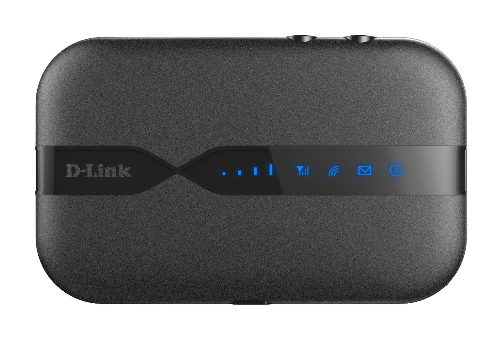 Czarny router D-Link z niebieskimi diodami LED z przodu, elegancki, ciemny design.