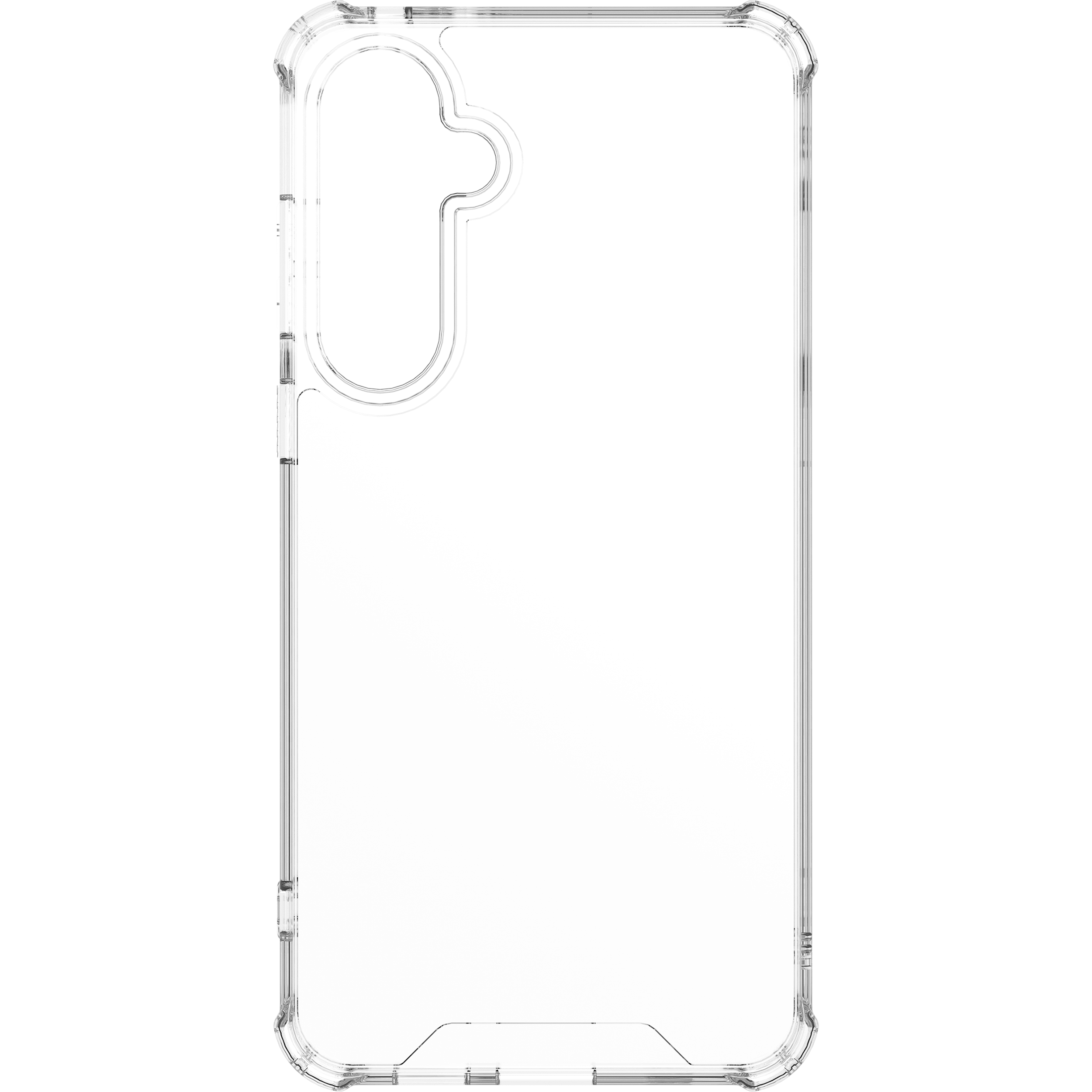 Transparente Handyhülle mit Aussparungen für Kamera und Knöpfe.