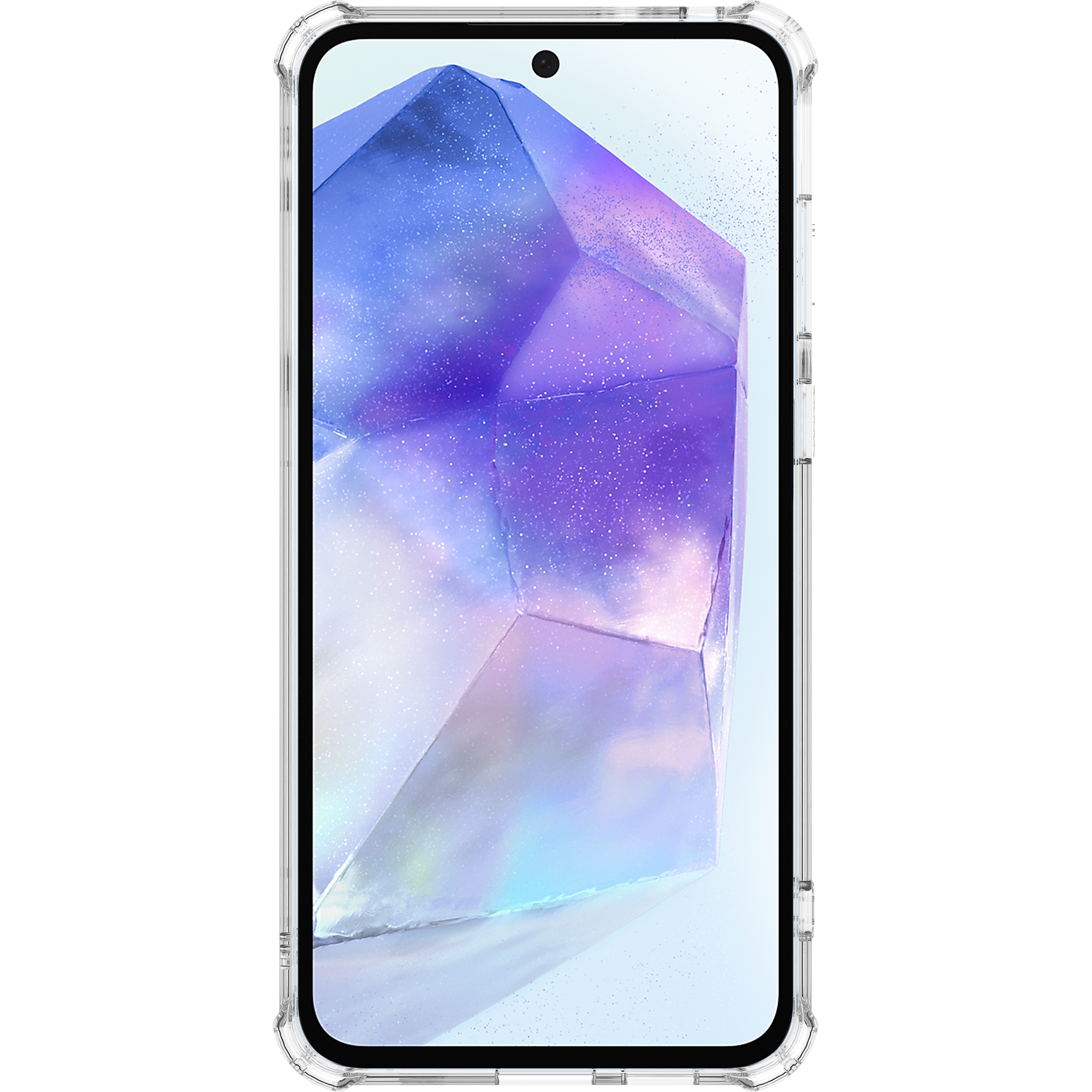 Smartphone in klarer Hülle, ein farbenfrohes geometrisches Design ist auf dem Bildschirm sichtbar. Schwarzer Hintergrund.