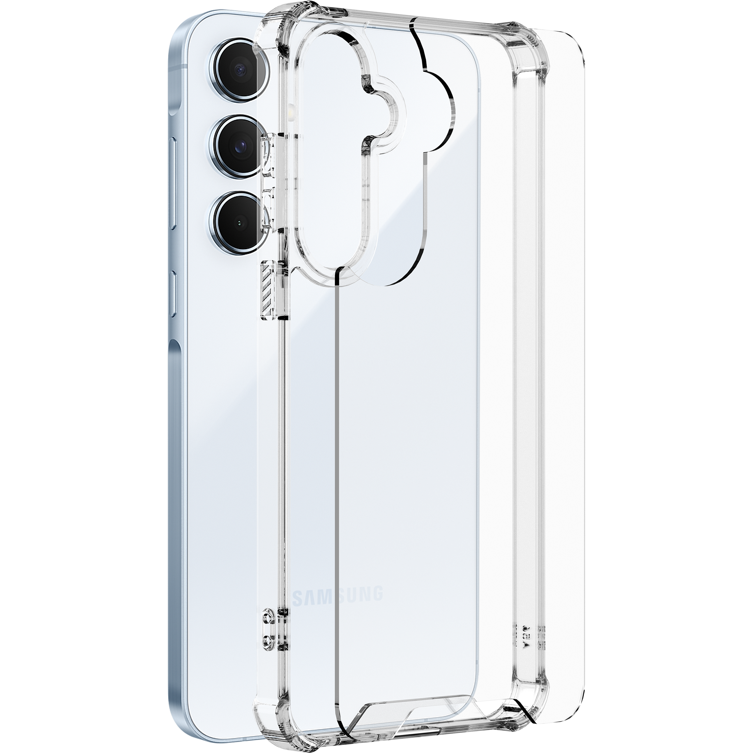 Ein Telefon mit einer transparenten Hülle, das die Rückseite des Telefons zeigt. Das Telefon ist blau.