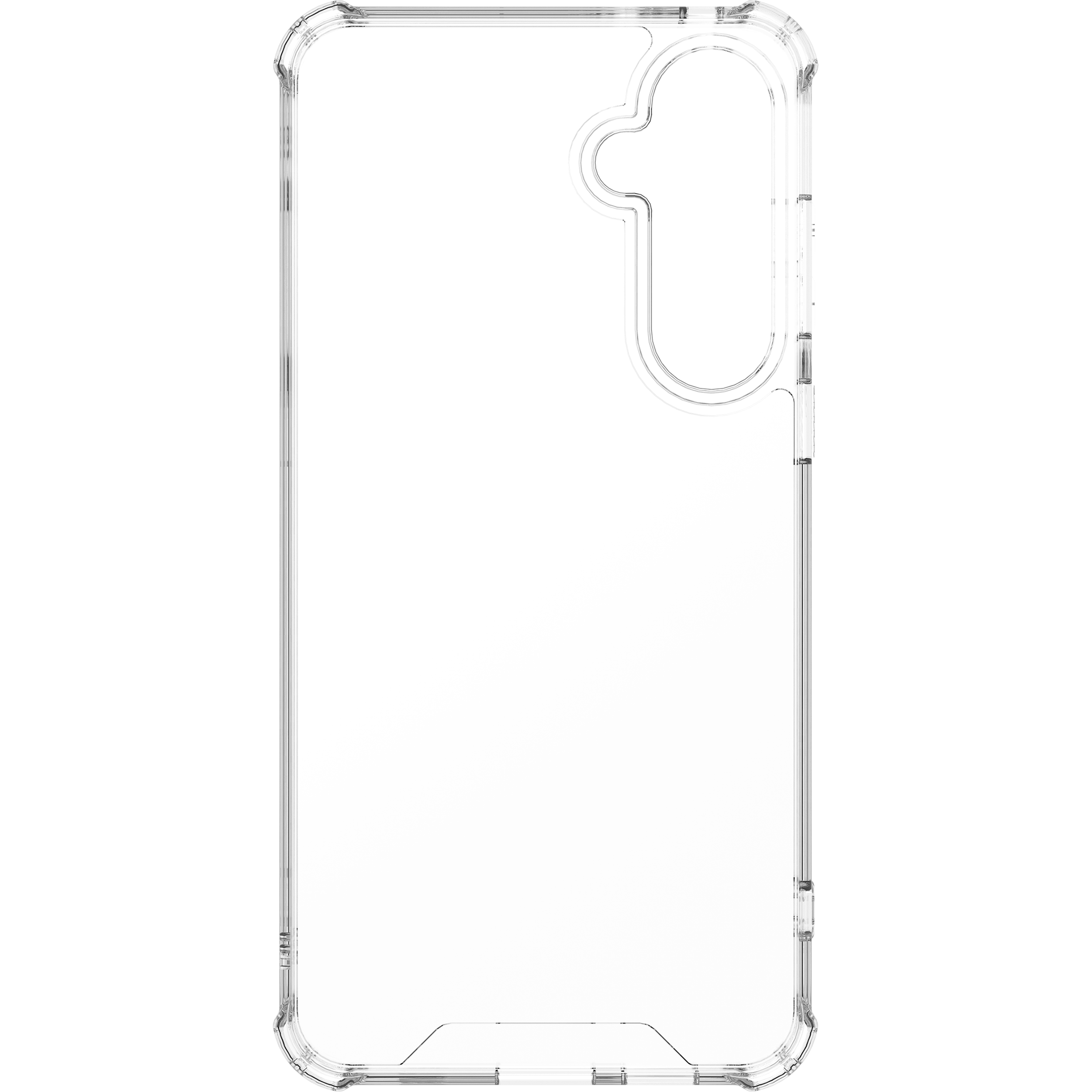 Transparente, schützende Handyhülle. Die Hülle ist transparent und bedeckt Rückseite und Seiten des Telefons.