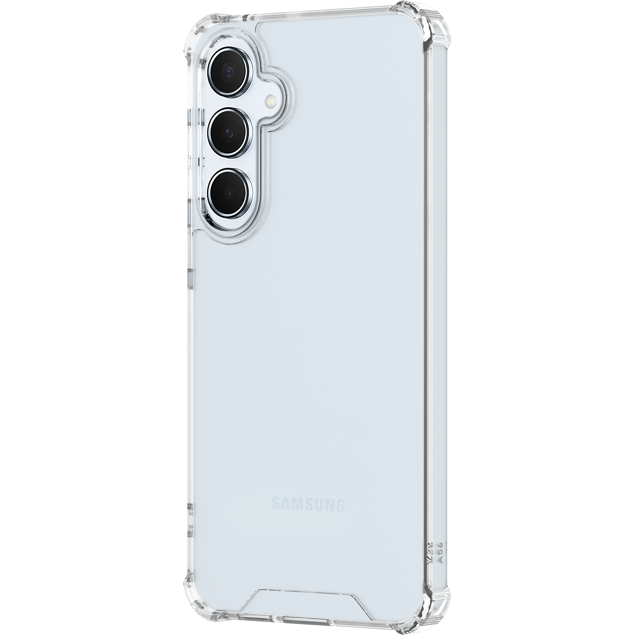 Eine transparente Handyhülle, die ein hellblaues Samsung-Handy schützt. Die Hülle hat verstärkte Ecken und ein schlankes Design.