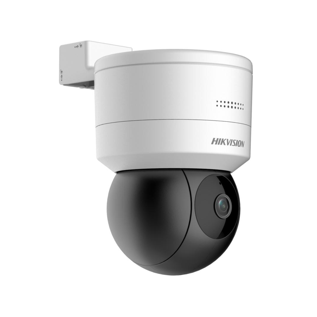 Viene mostrata una telecamera di sicurezza Hikvision bianca e nera. La telecamera è bianca con una cupola nera ed è angolata.