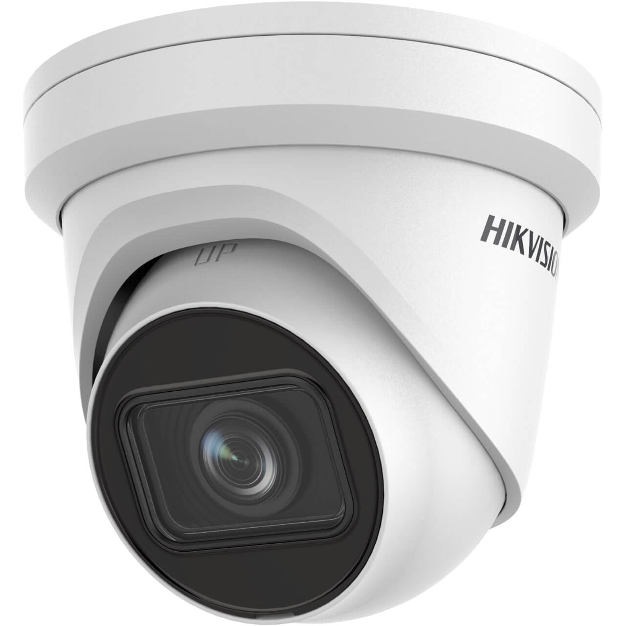 Caméra de sécurité dôme Hikvision blanche avec objectif noir, montée sur fond blanc.