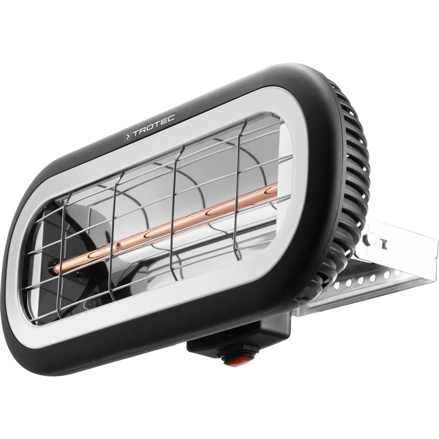 Riscaldatore elettrico bianco e nero. Griglia metallica e pulsante rosso frontale.