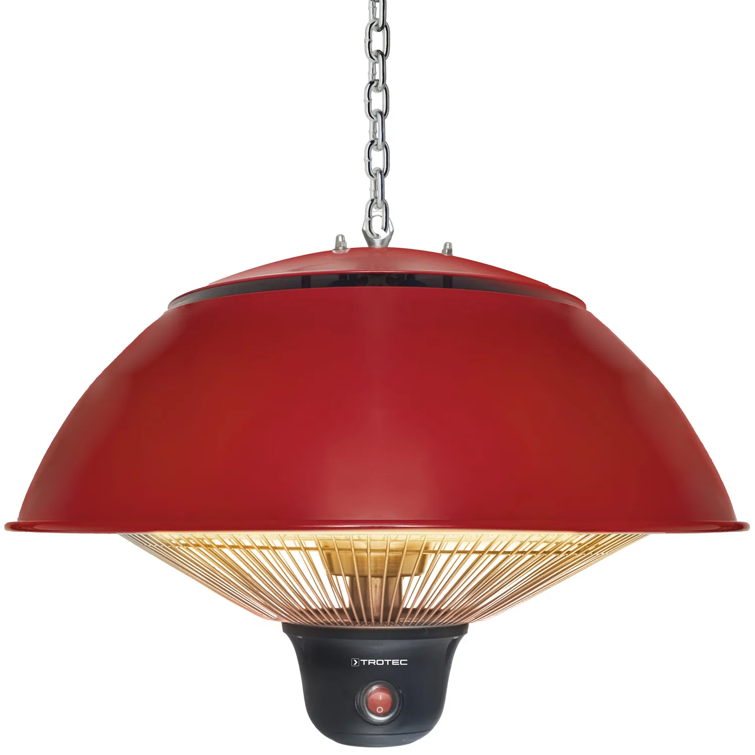 Riscaldatore pensile rosso. Base nera con pulsante rosso. Catena d'argento.