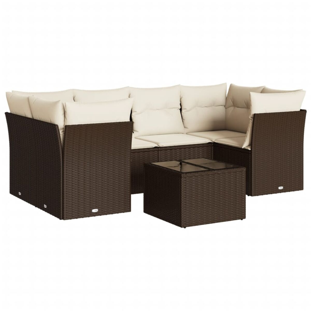 Divano componibile in rattan marrone con cuscini color crema e tavolino con piano in vetro.