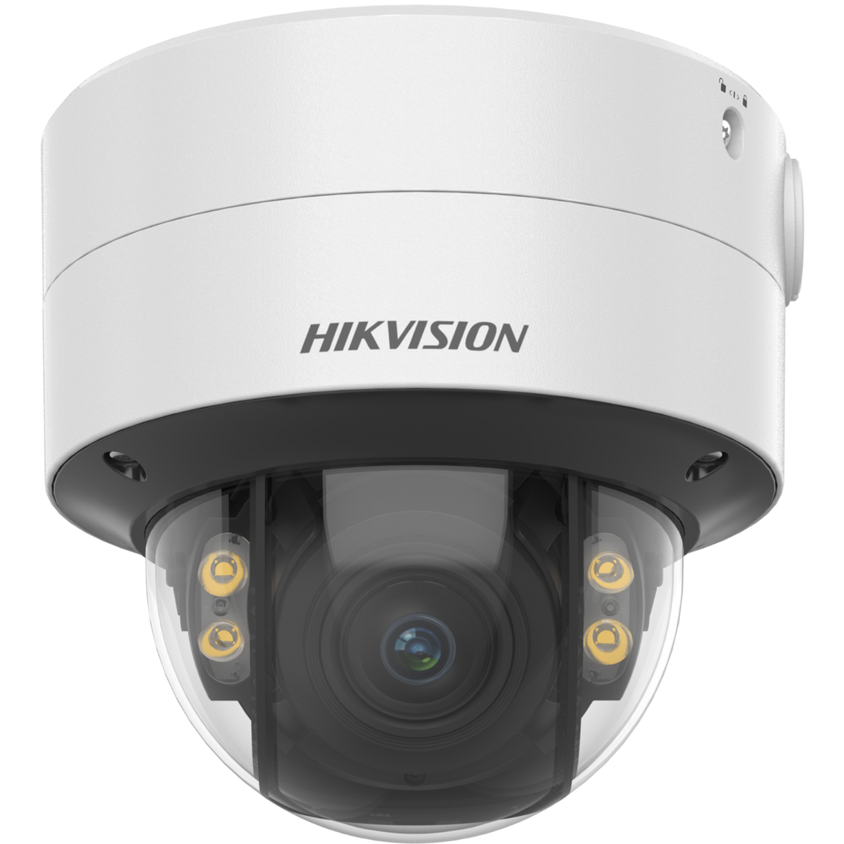 Witte Hikvision dome beveiligingscamera met een zwarte basis. De lens zit in het midden. De merknaam staat erboven.