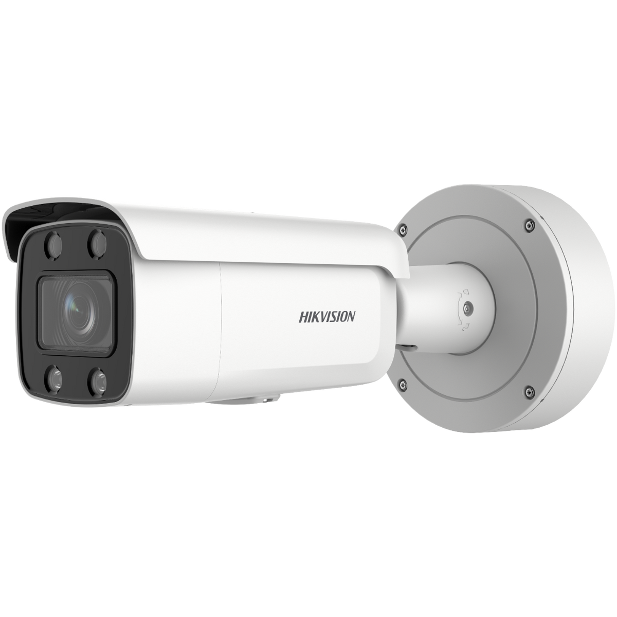 Biała kamera monitoringu Hikvision. Jest zamontowana na ścianie.