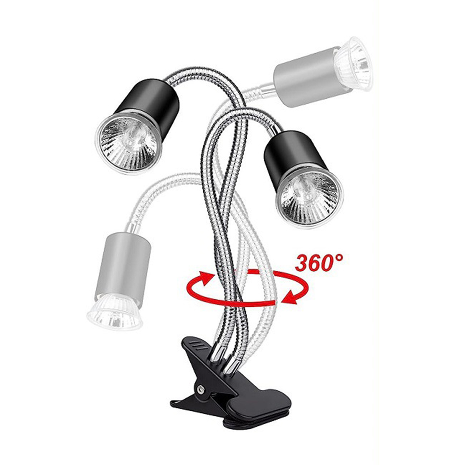 Flexible Lampe mit drei verstellbaren Lichtern, Klemmfuß und 360-Grad-Drehfunktion.