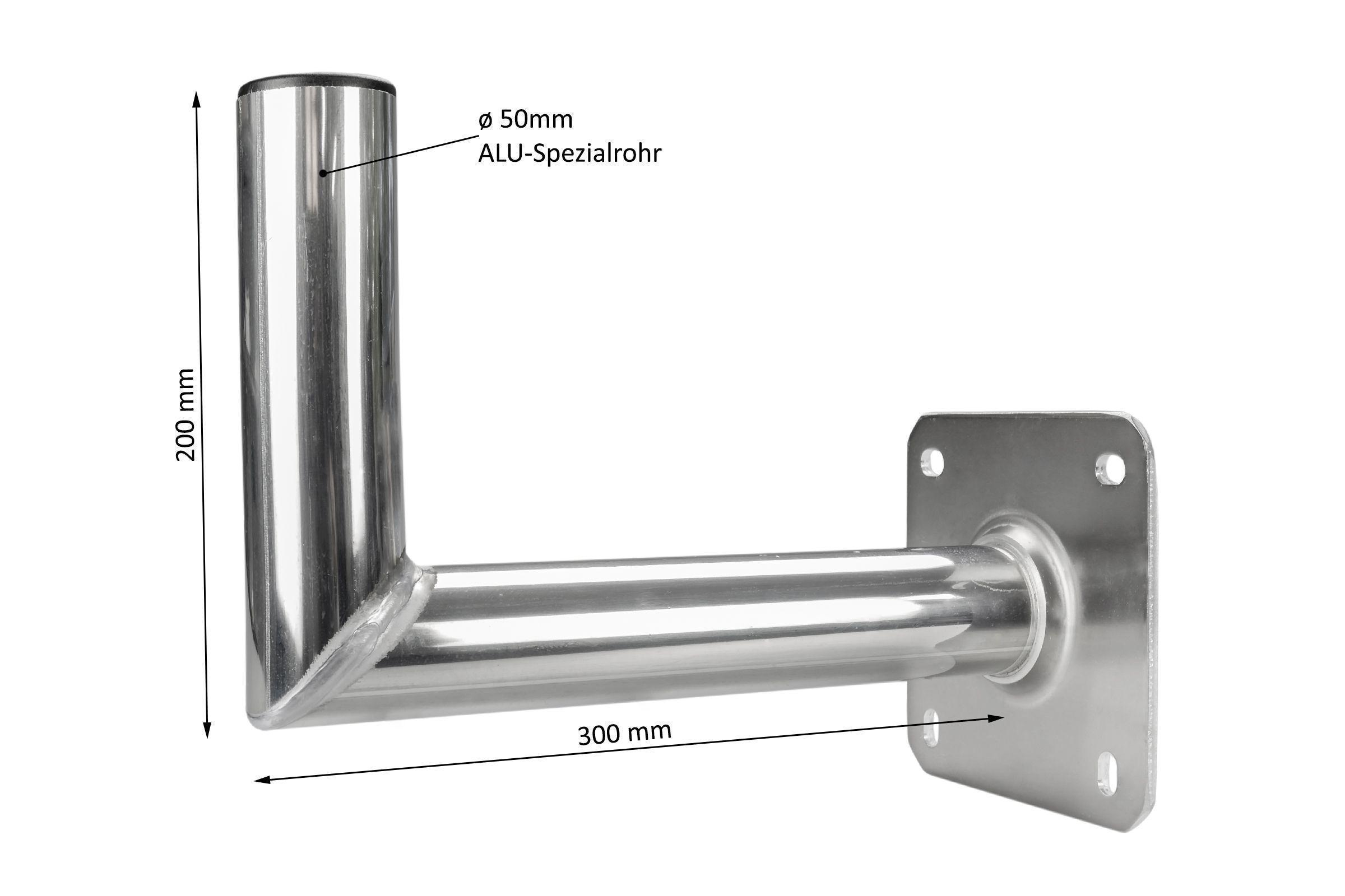 Metallhalterung mit Maßen. Hauptteil ist ein vertikales Rohr, verbunden mit horizontalem Rohr.