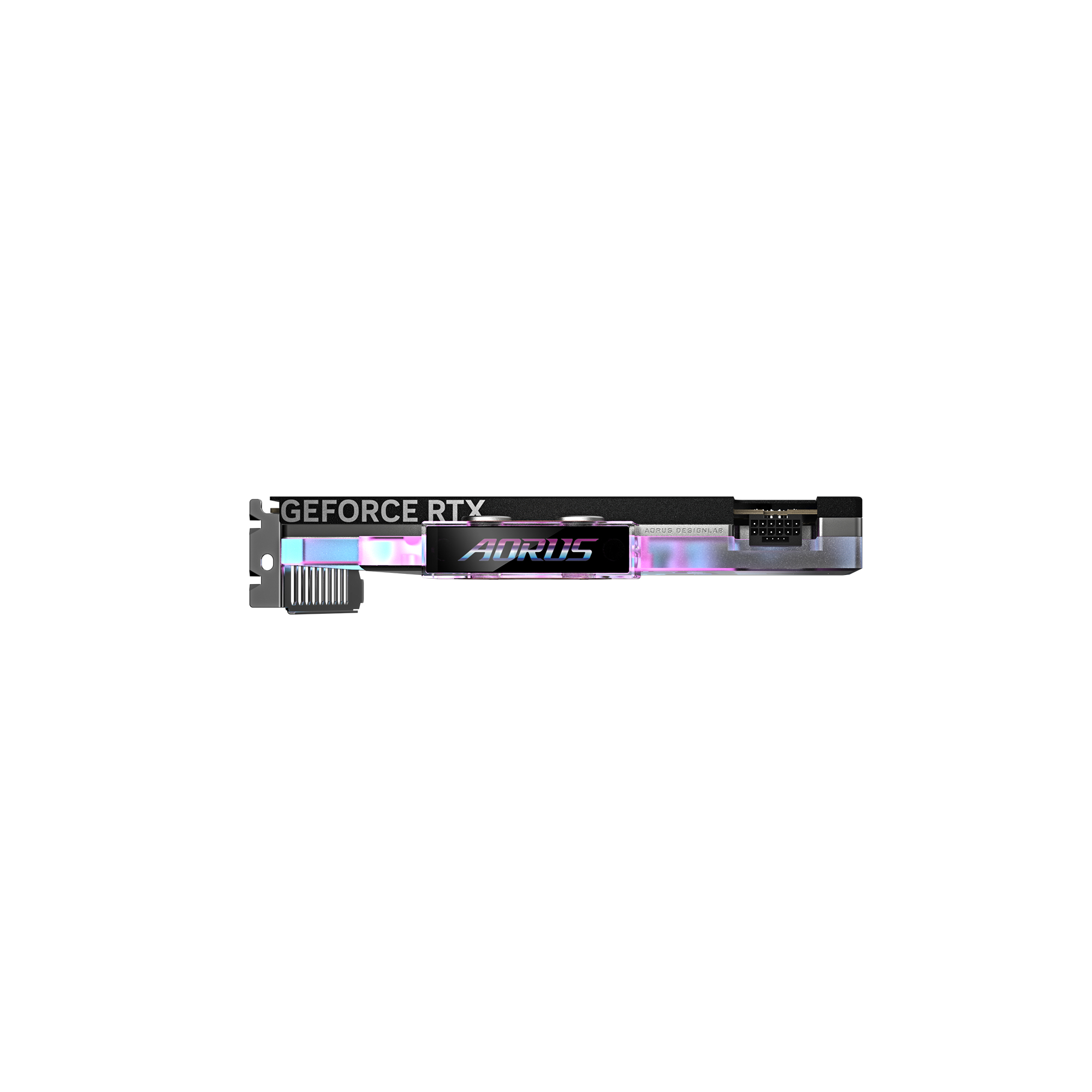 Eine Grafikkarte mit dem Text GEFORCE RTX und AORUS. Die Karte hat ein schwarz-silbernes Design.