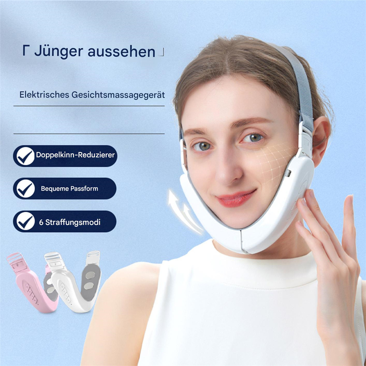 Eine Frau trägt ein Gesichtsmassagegerät. Symbole zeigen Doppelkinnreduzierung, Komfort und Modi an.