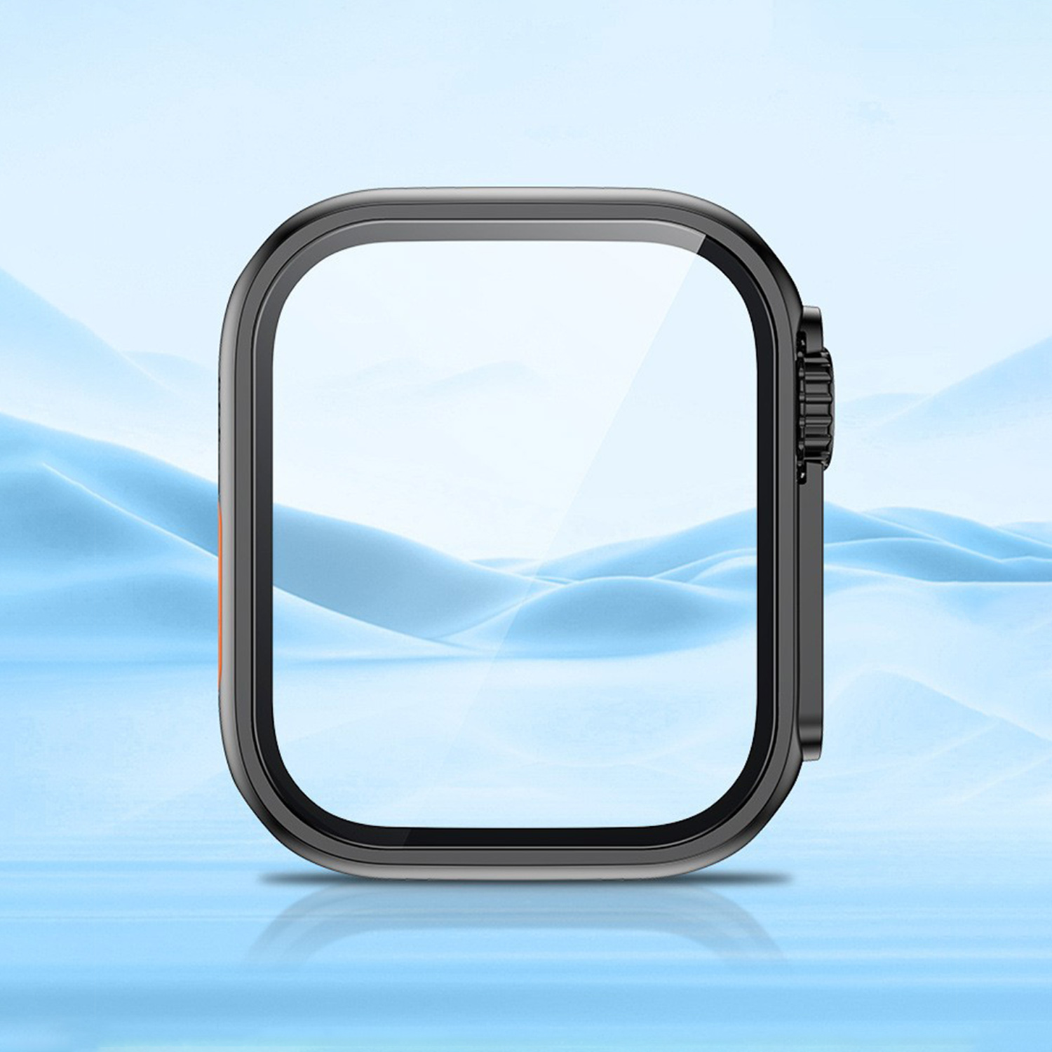 Czarna koperta zegarka z przezroczystym ekranem na niebieskim tle z falistymi liniami.