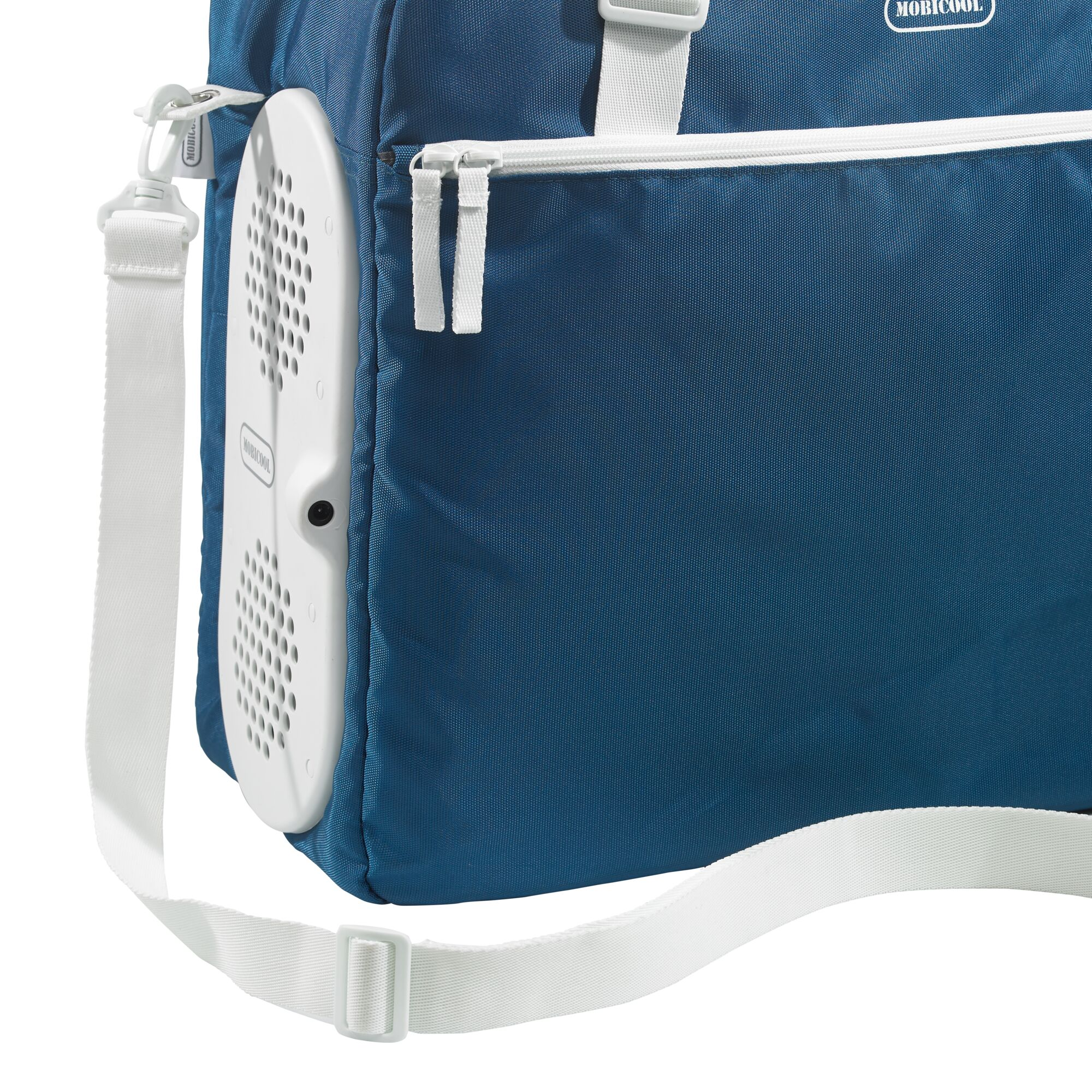 Niebieska torba chłodząca z białym paskiem na ramię i białym elementem chłodzącym.