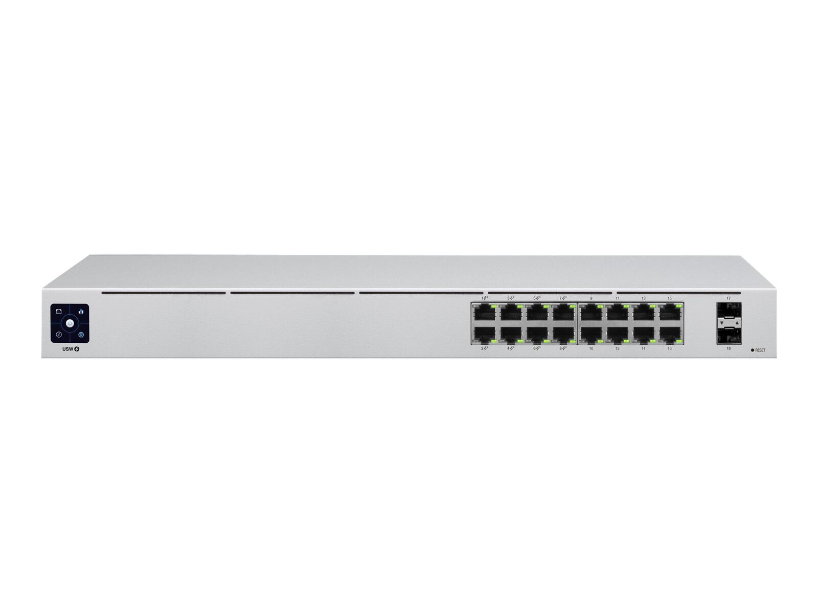 Silberner Netzwerk-Switch mit 16 Anschlüssen. Weißer Hintergrund.