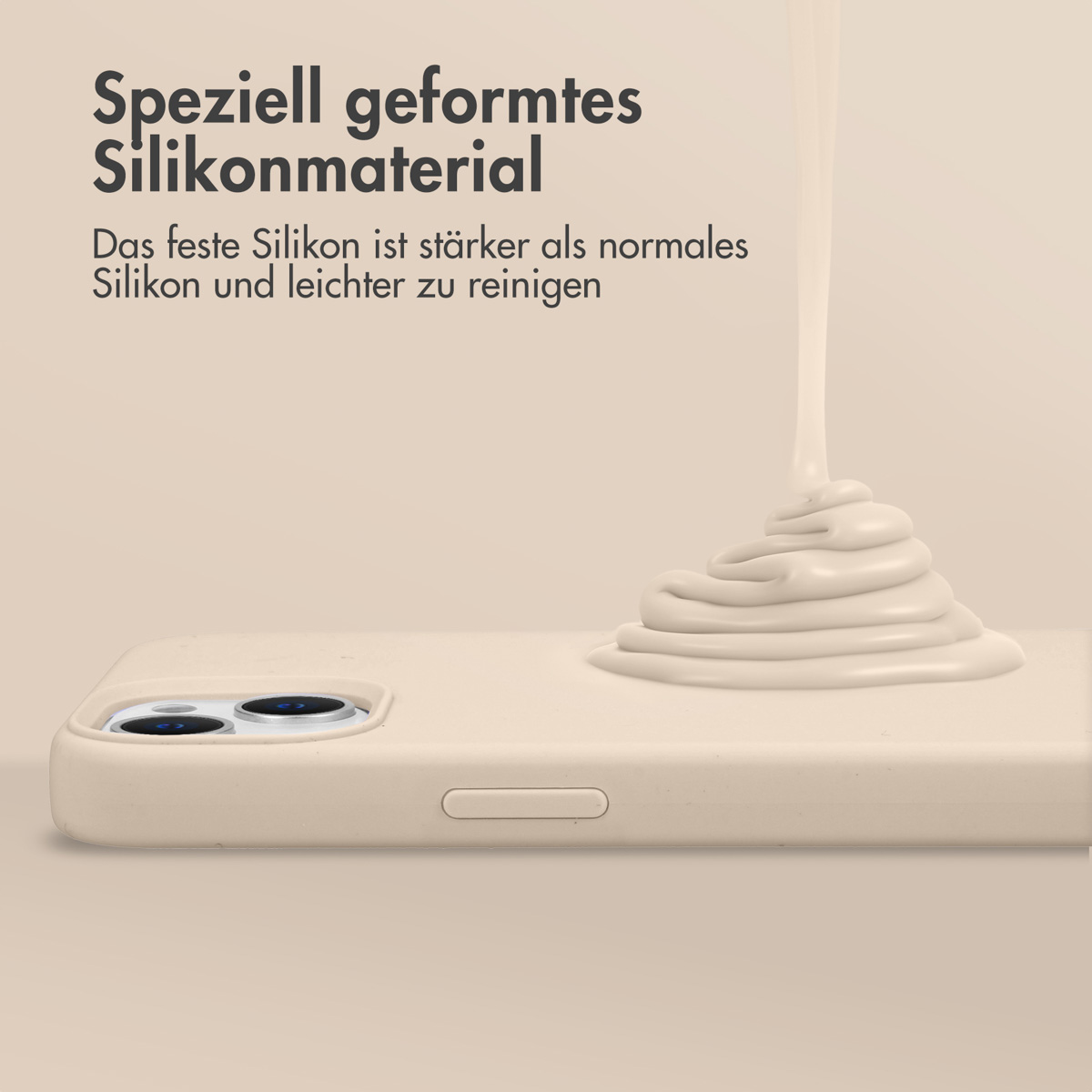 De la silicone liquide versée sur une coque de téléphone. Texte : 'Matériau en silicone de forme spéciale'.
