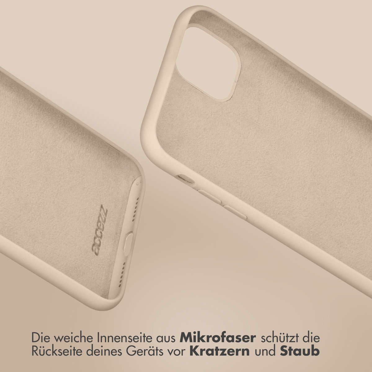 Handyhüllen-Innenräume. Text: 'Die weiche Mikrofaser-Innenseite schützt die Rückseite Ihres Geräts'.