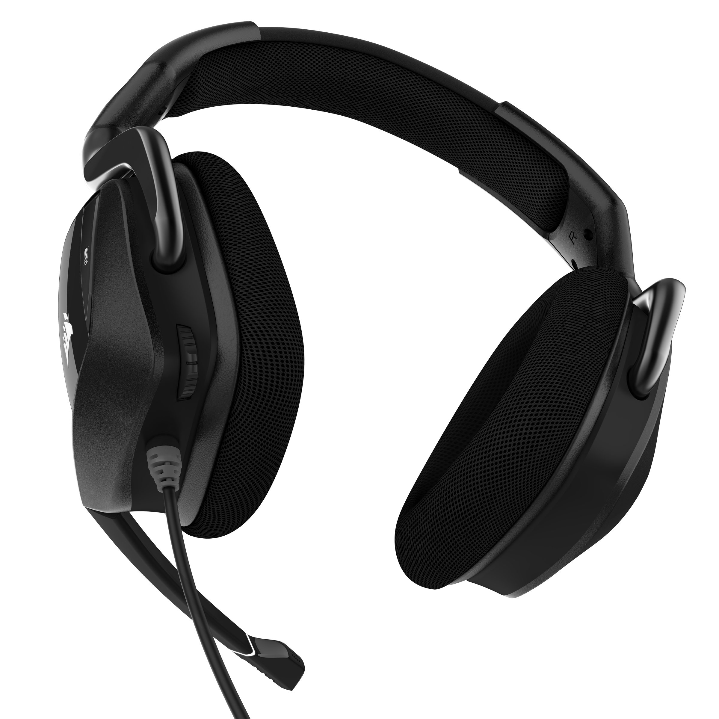 Auriculares para juegos negros con micrófono sobre fondo blanco.