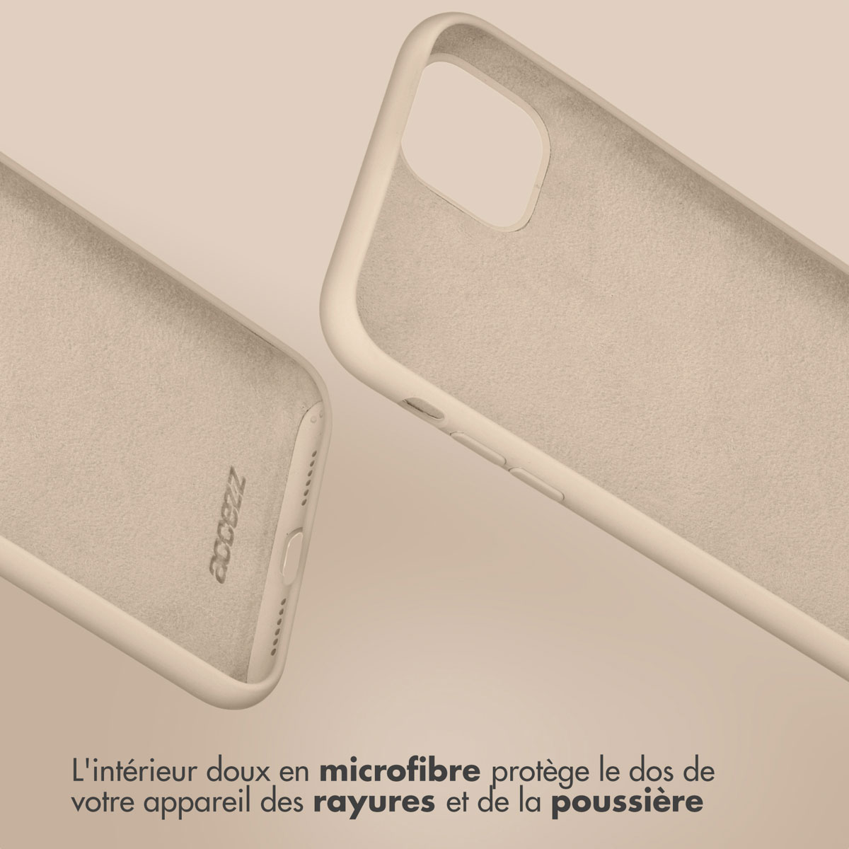 Intérieurs de coques de téléphone. Texte : 'L'intérieur en microfibre douce protège l'arrière de votre appareil des rayures'.