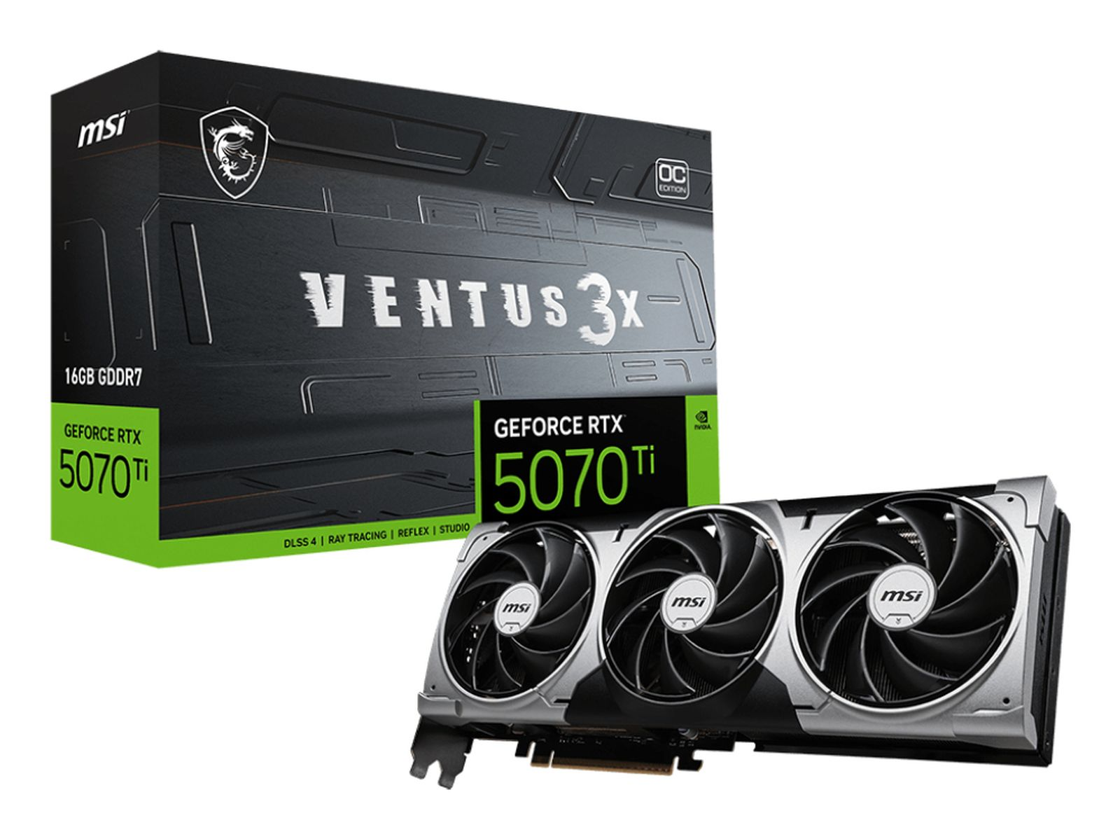 Karta graficzna MSI Ventus 3X i jej pudełko z etykietą GeForce RTX 5070 Ti.