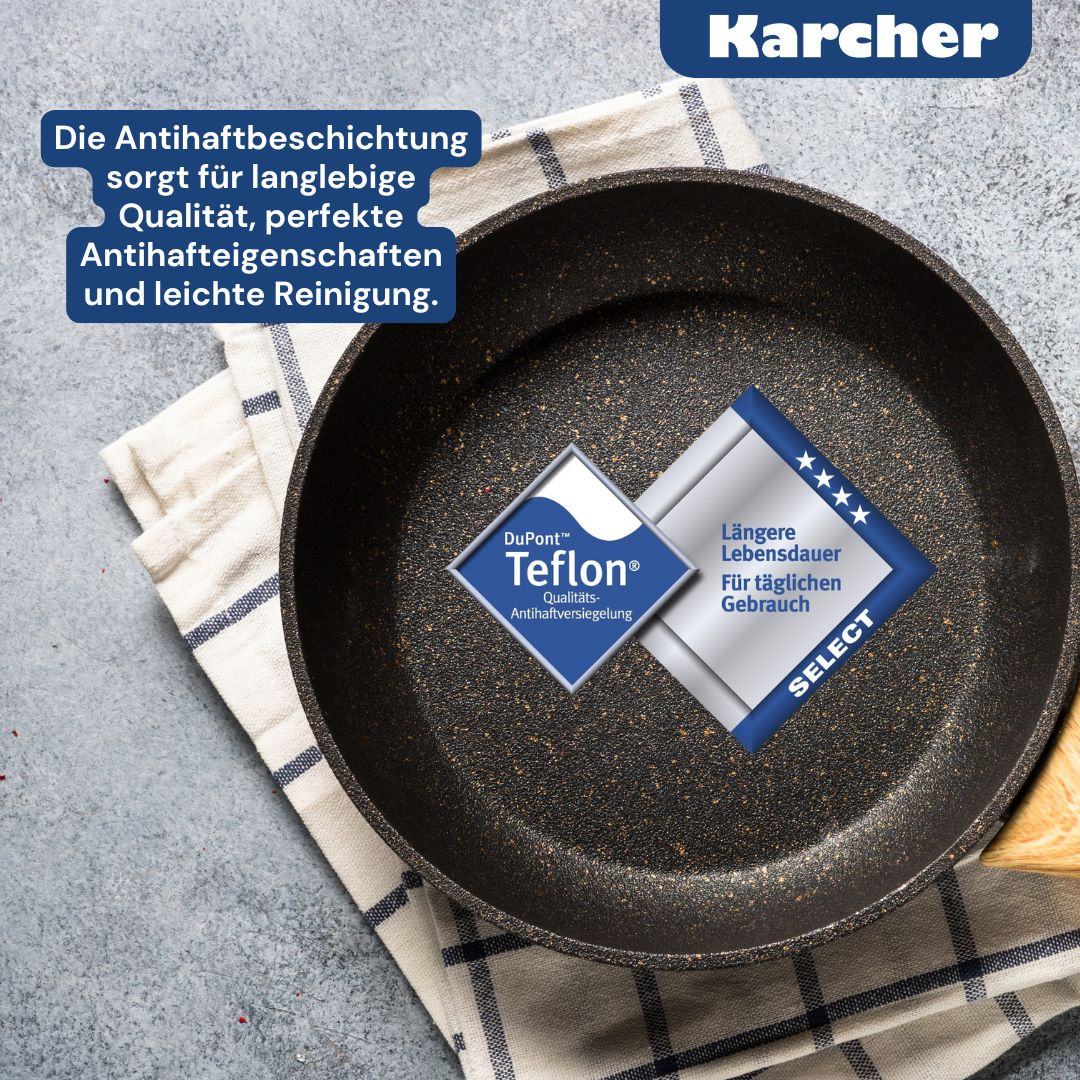 Eine Bratpfanne mit Teflonbeschichtung. Ein Etikett mit Teflon Dupont ist sichtbar.