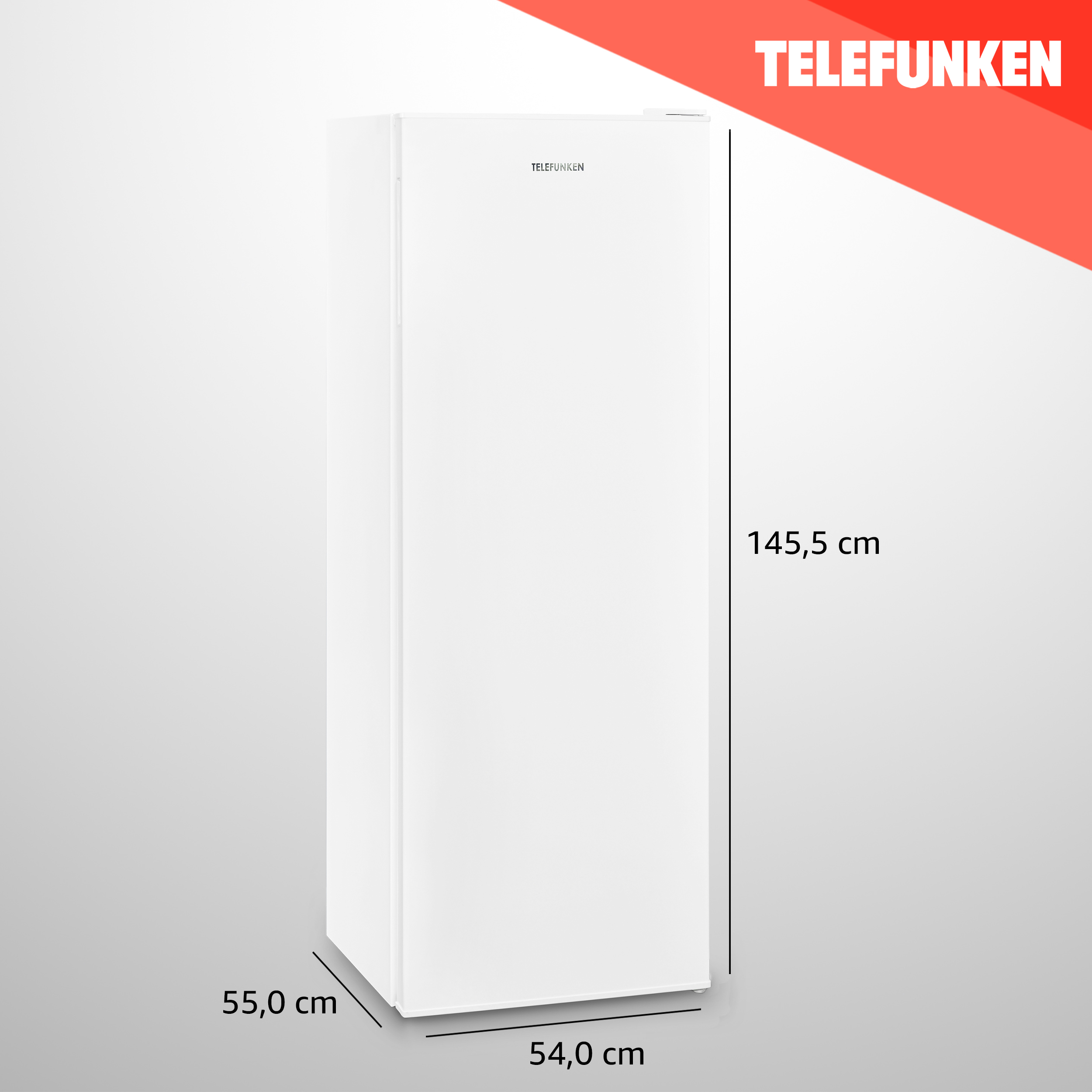 Weißer Telefunken-Kühlschrank. Er ist hoch und schlank und zeigt die Abmessungen.