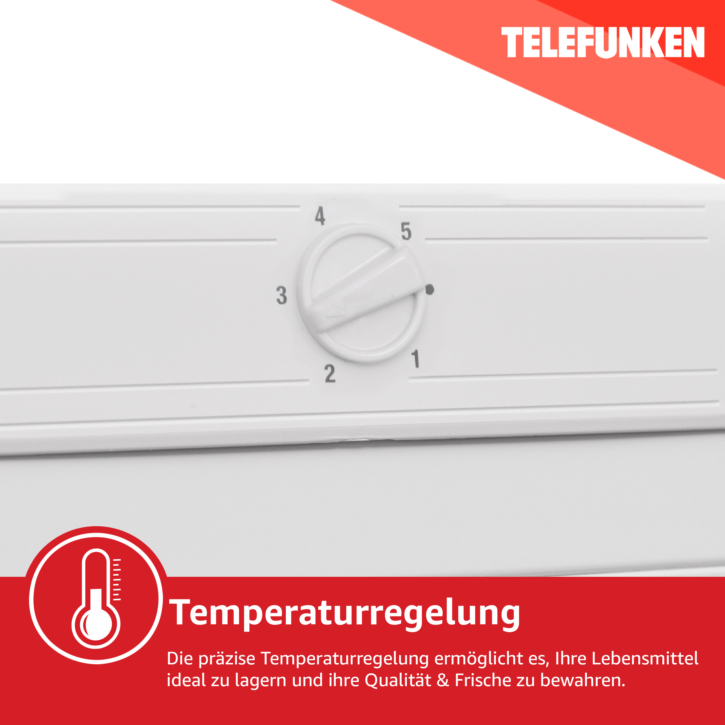 Eine weiße Gerätebedienblende mit einem Drehregler (1-5) und einem Thermometersymbol.