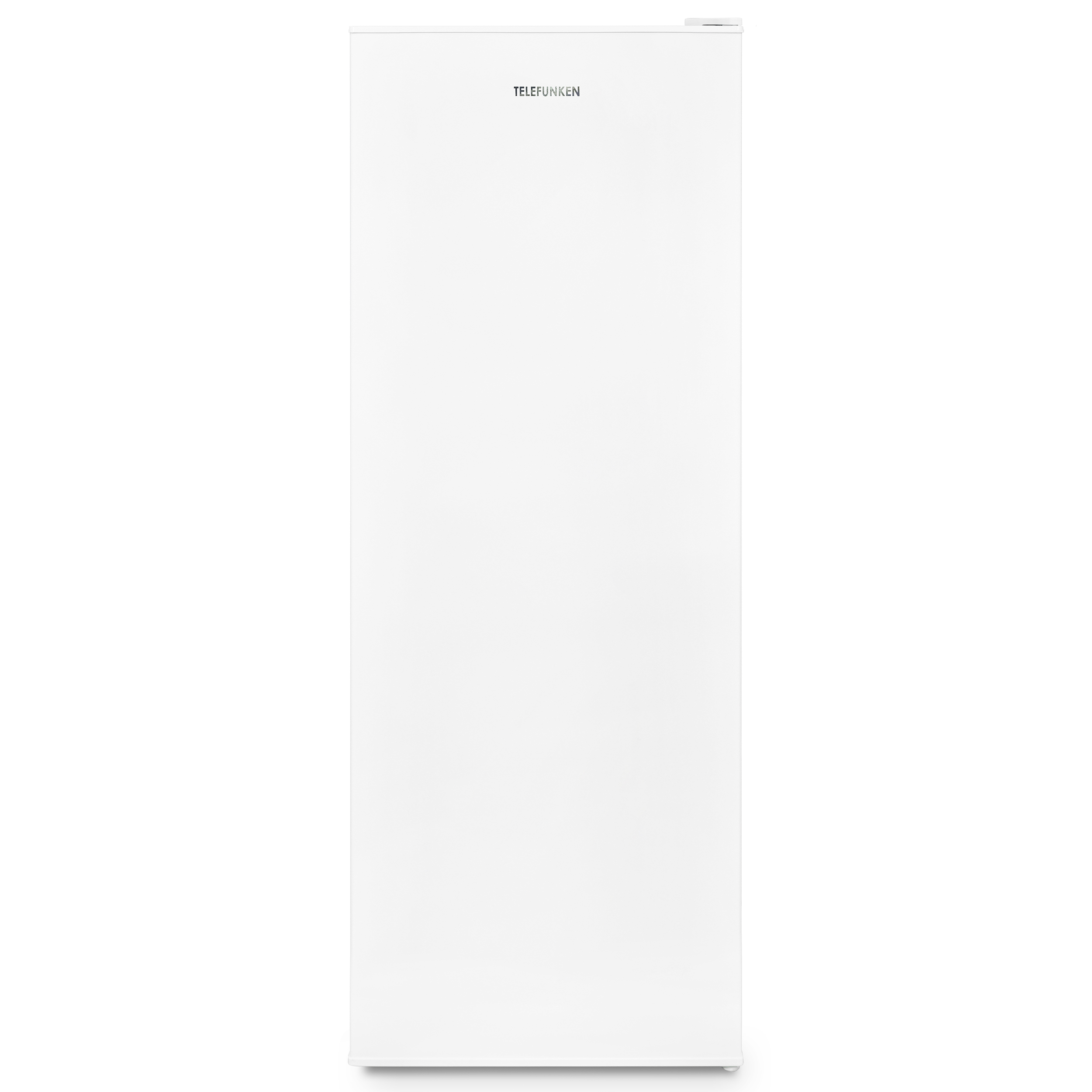 Weißer Telefunken-Kühlschrank. Die Ansicht ist eine Frontaufnahme vor weißem Hintergrund.