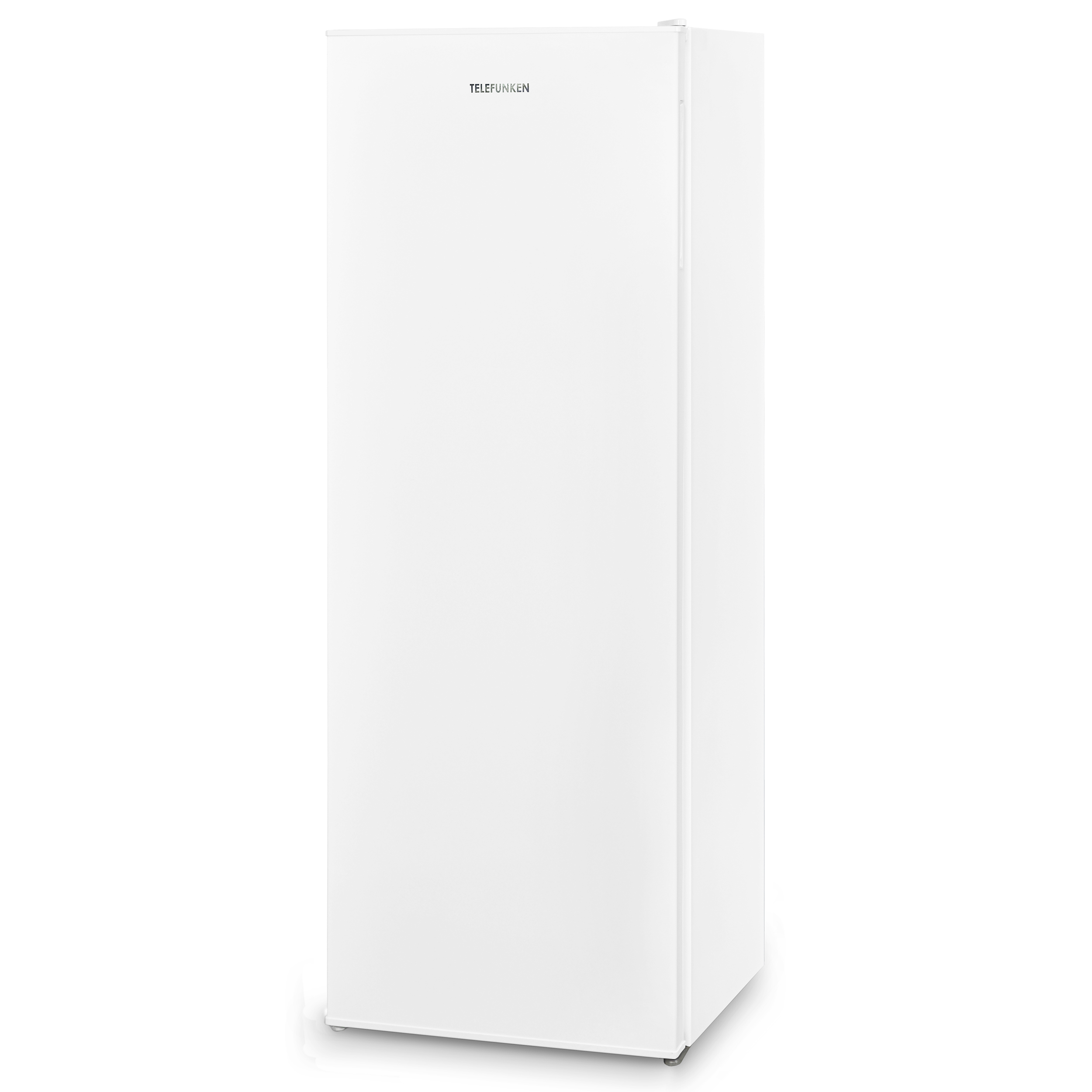 Ein weißer Telefunken-Kühlschrank, hoch und schlank, isoliert auf weißem Hintergrund.