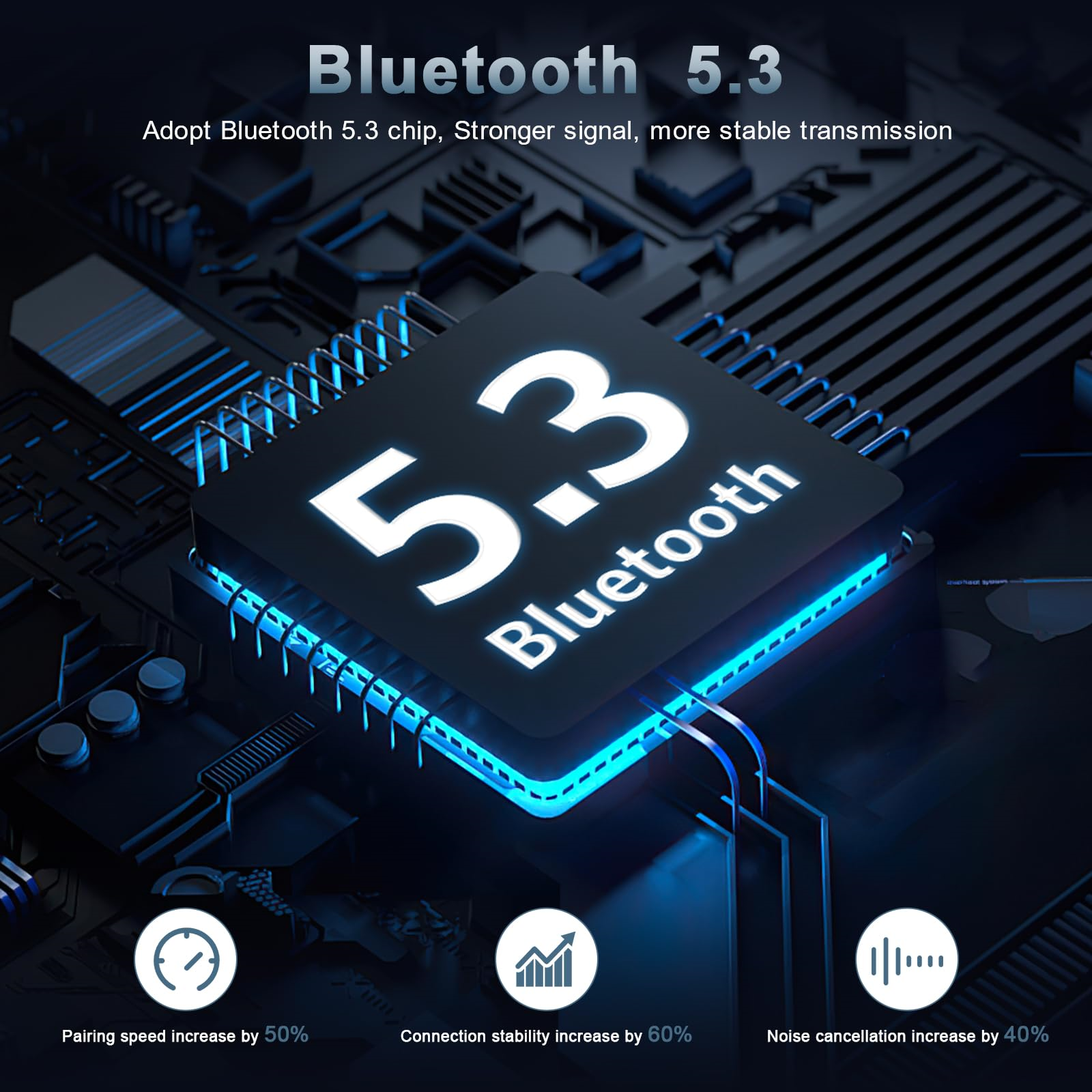 Grafik des Bluetooth 5.3-Chips. Zeigt die Erhöhung der Kopplungsgeschwindigkeit, Verbindungsstabilität und Geräuschunterdrückung.