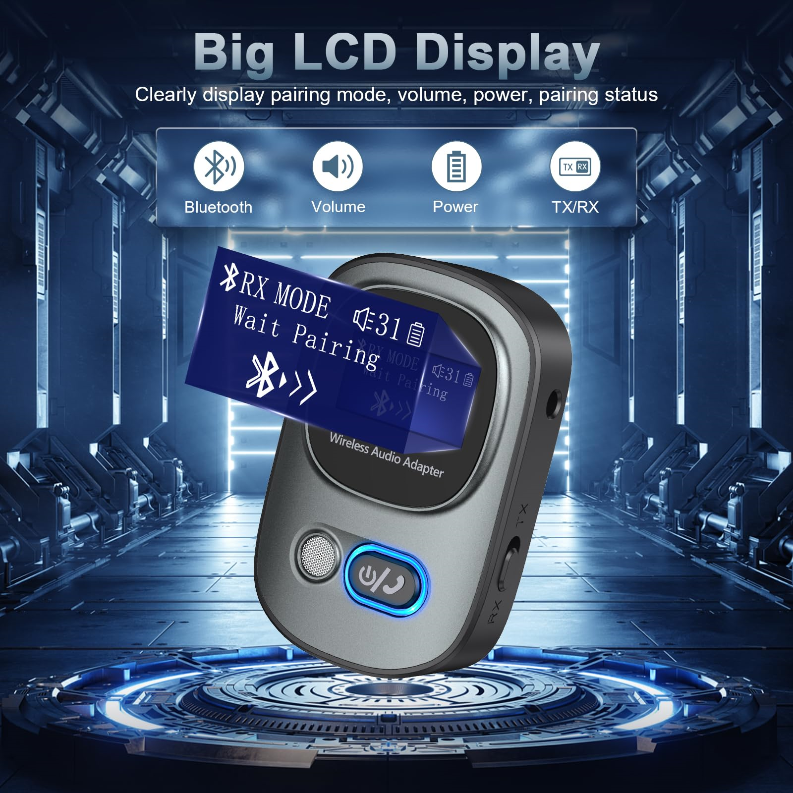 Kabelloser Audioadapter mit LCD-Bildschirm, der Bluetooth, Lautstärke, Strom und Pairing-Status anzeigt.