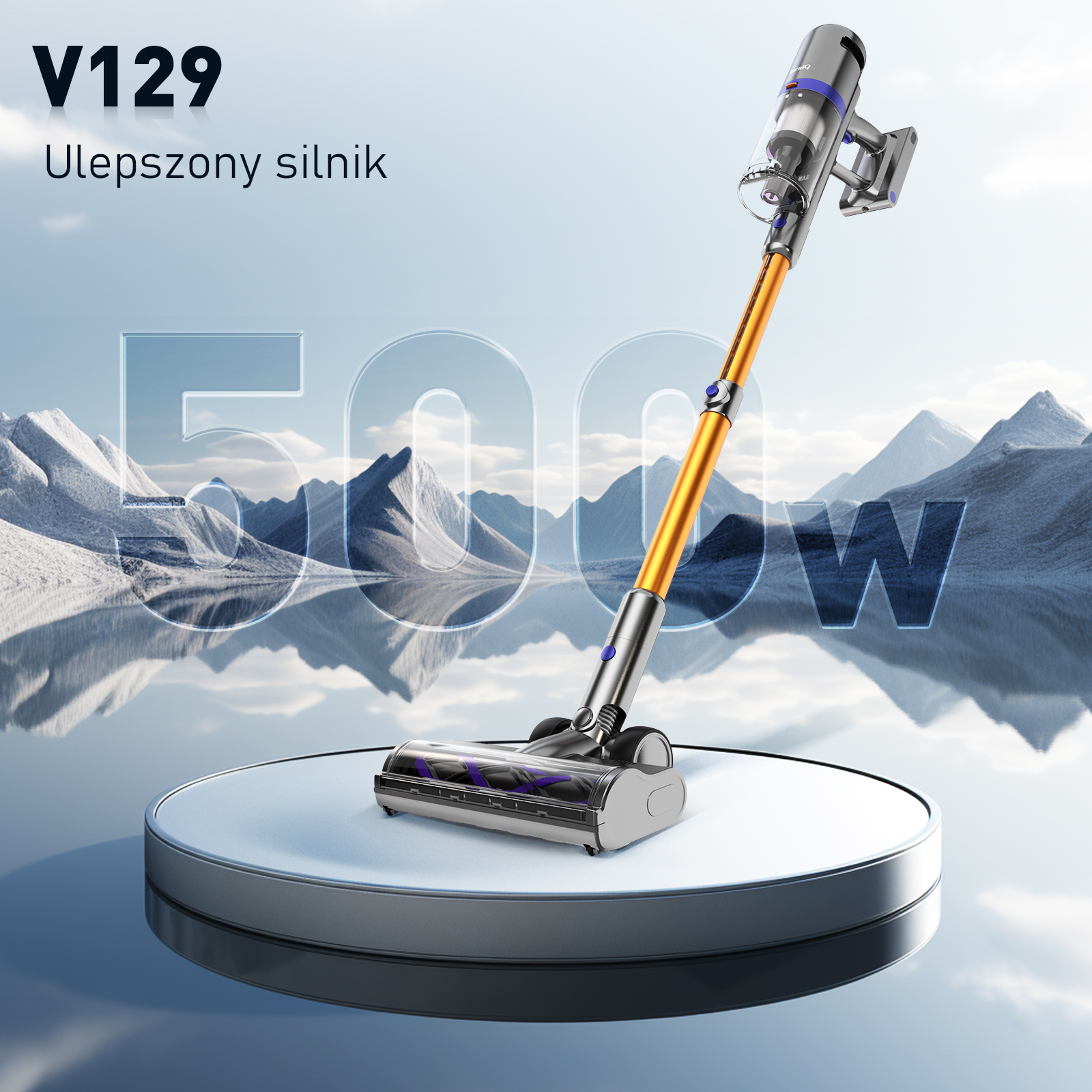 Odkurzacz bezprzewodowy z pomarańczowym drążkiem, ustawiony na białej platformie z górskim tłem.