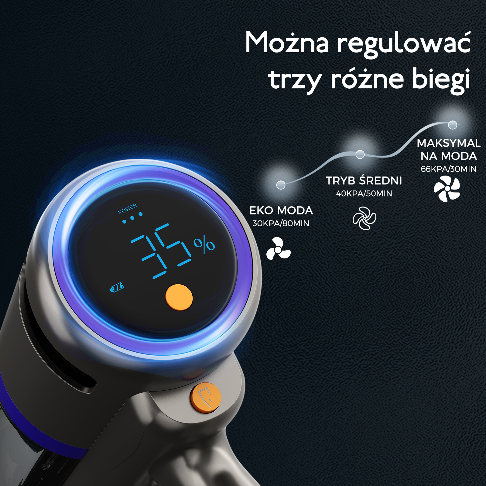 Wyświetlacz odkurzacza pokazuje 35% baterii. Trzy tryby: Eco, Średni, Max. Pomarańczowy przycisk.
