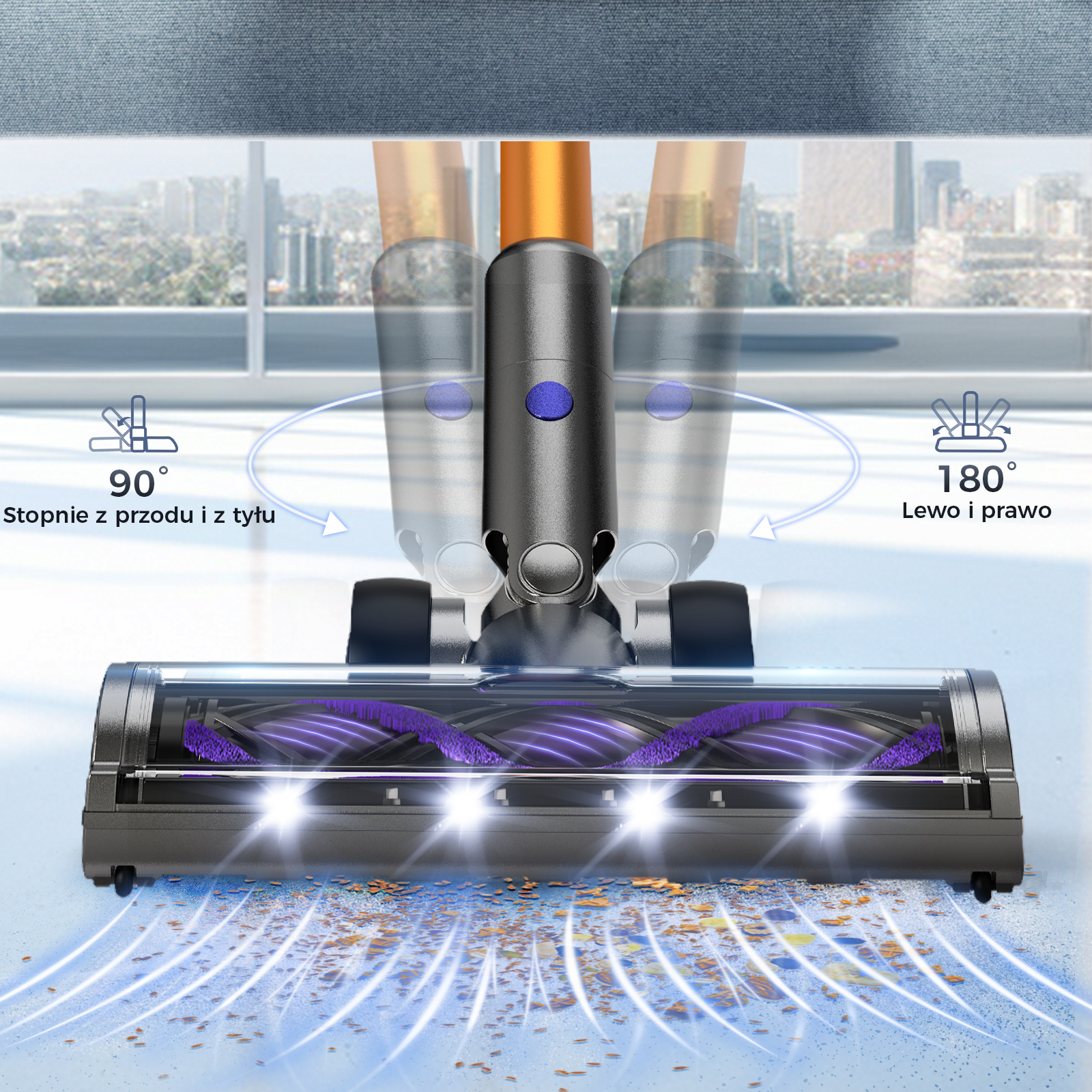 Głowica odkurzacza ze szczotką pod kątem 90 i 180 stopni. Niebieskie smugi światła wskazują czyszczenie.