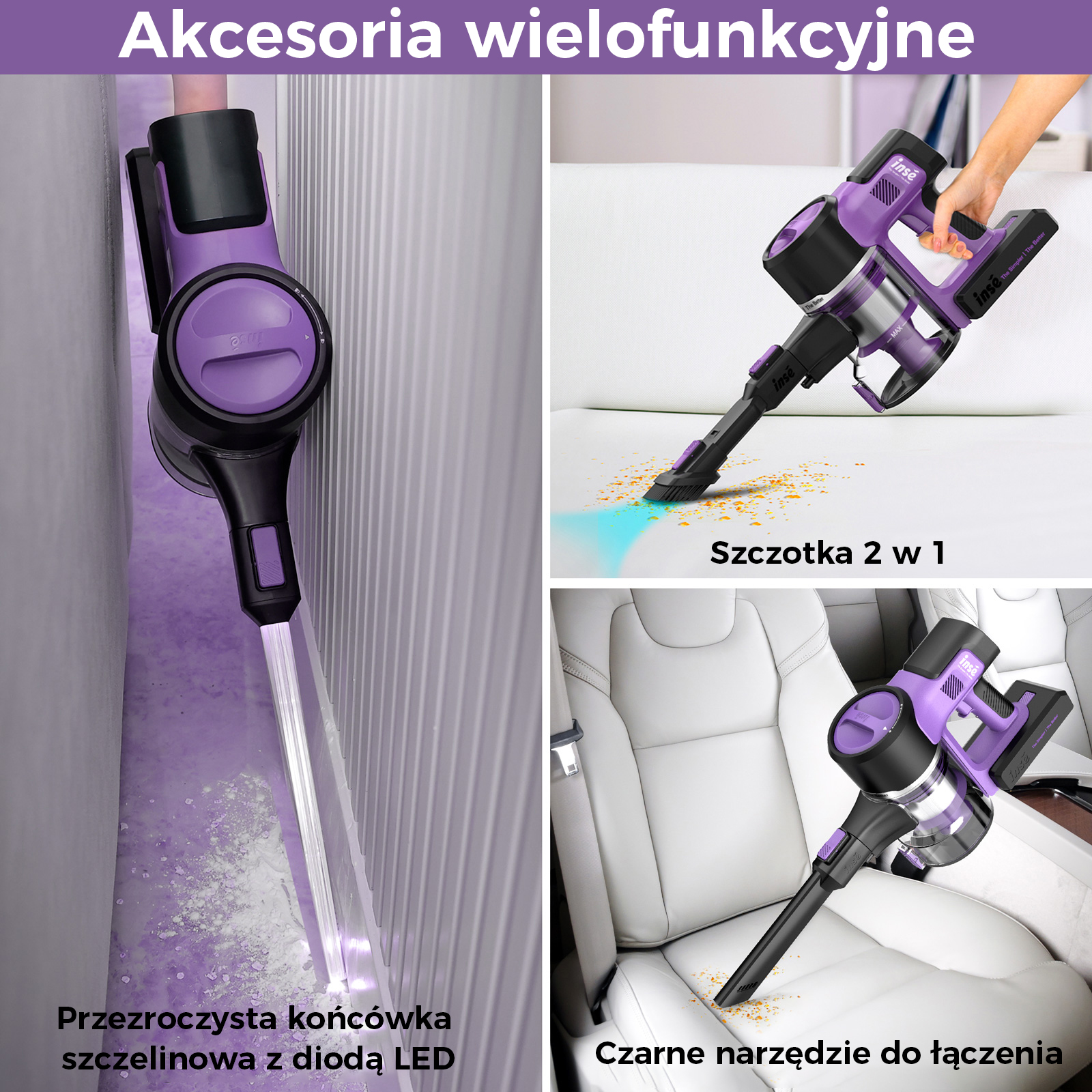 Akcesoria do odkurzacza: ssawka szczelinowa, szczotka 2 w 1 i czarny element do czyszczenia.