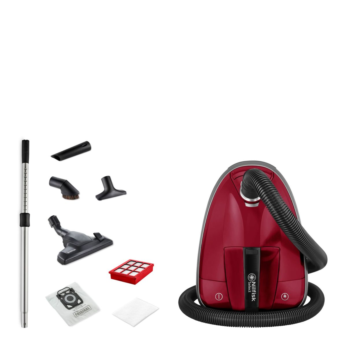 Aspiradora roja Nilfisk Select con accesorios. Se muestran la aspiradora y los accesorios.