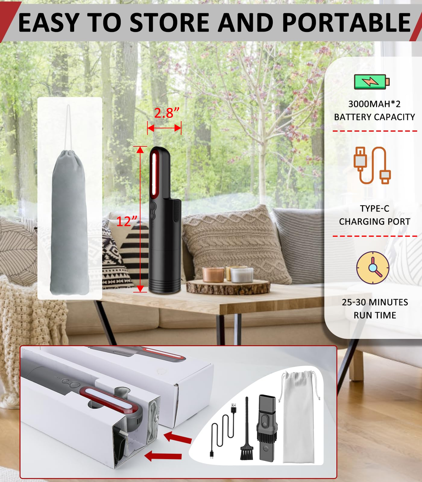 Czarny i czerwony przenośny odkurzacz z białym opakowaniem i akcesoriami.