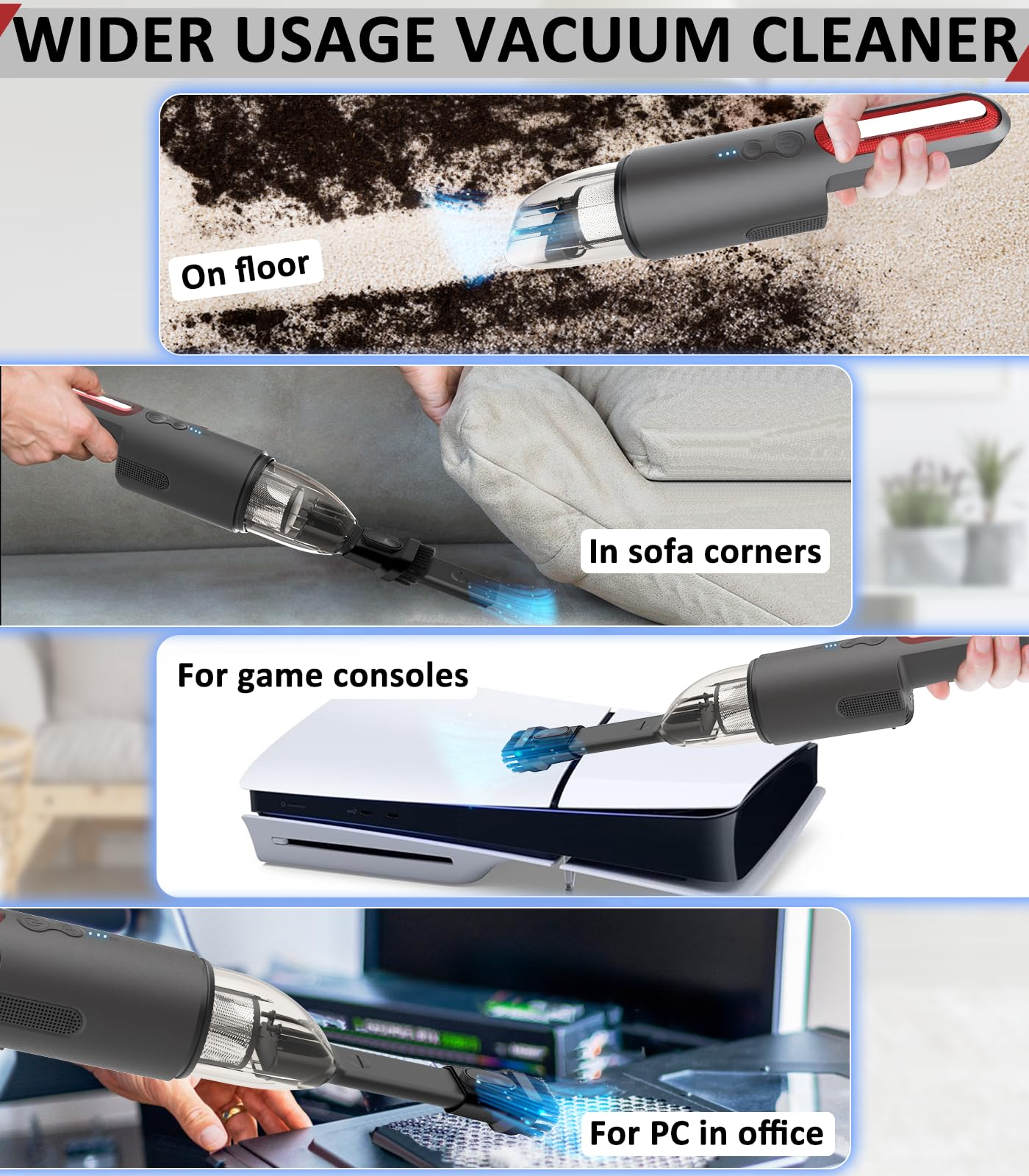 Odkurzacz w użyciu, czyszczący różne powierzchnie: podłoga, sofa, konsole i komputer biurowy.