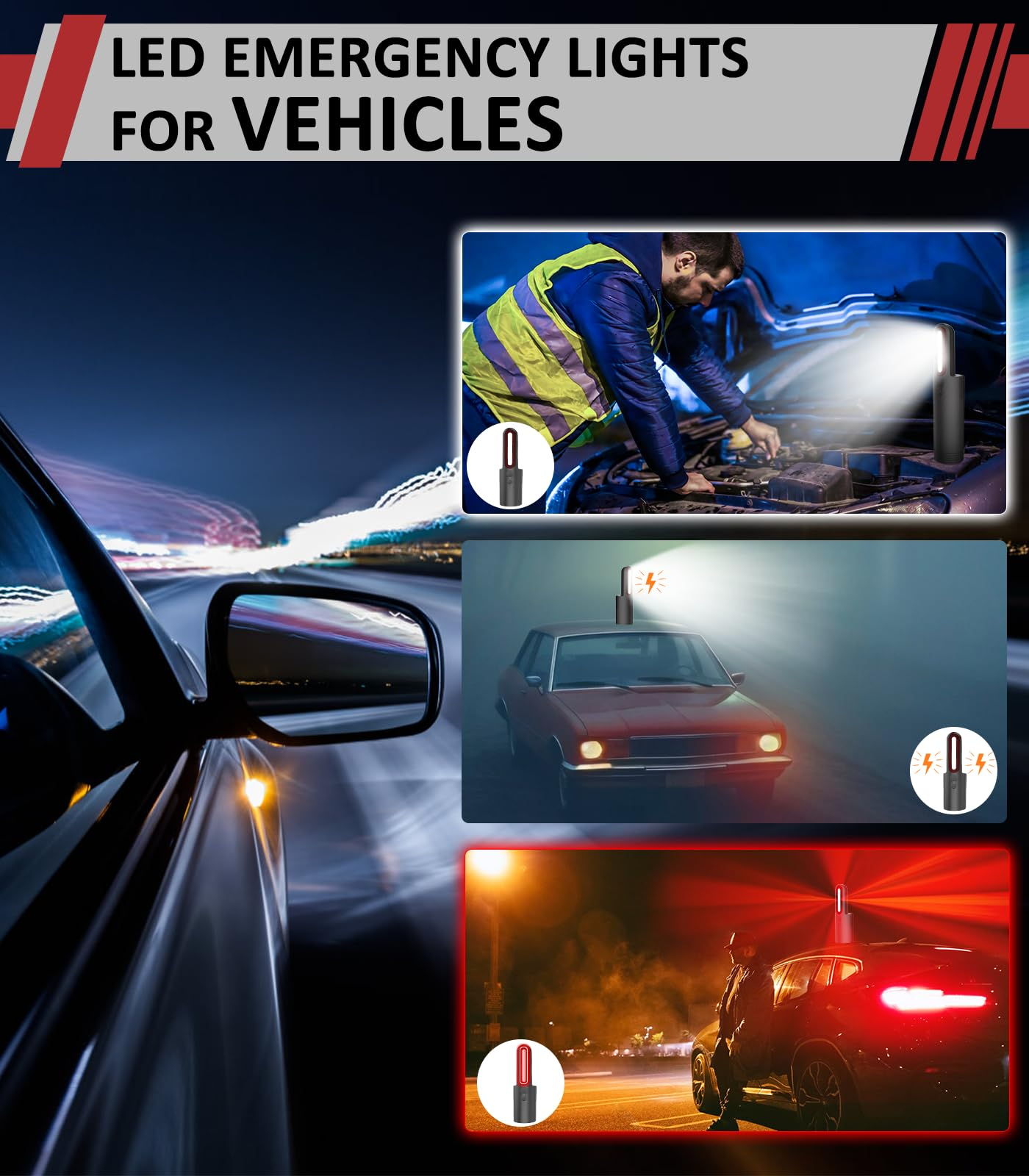 Obraz przedstawia światła awaryjne dla pojazdów, z przykładami zastosowania w różnych sytuacjach.