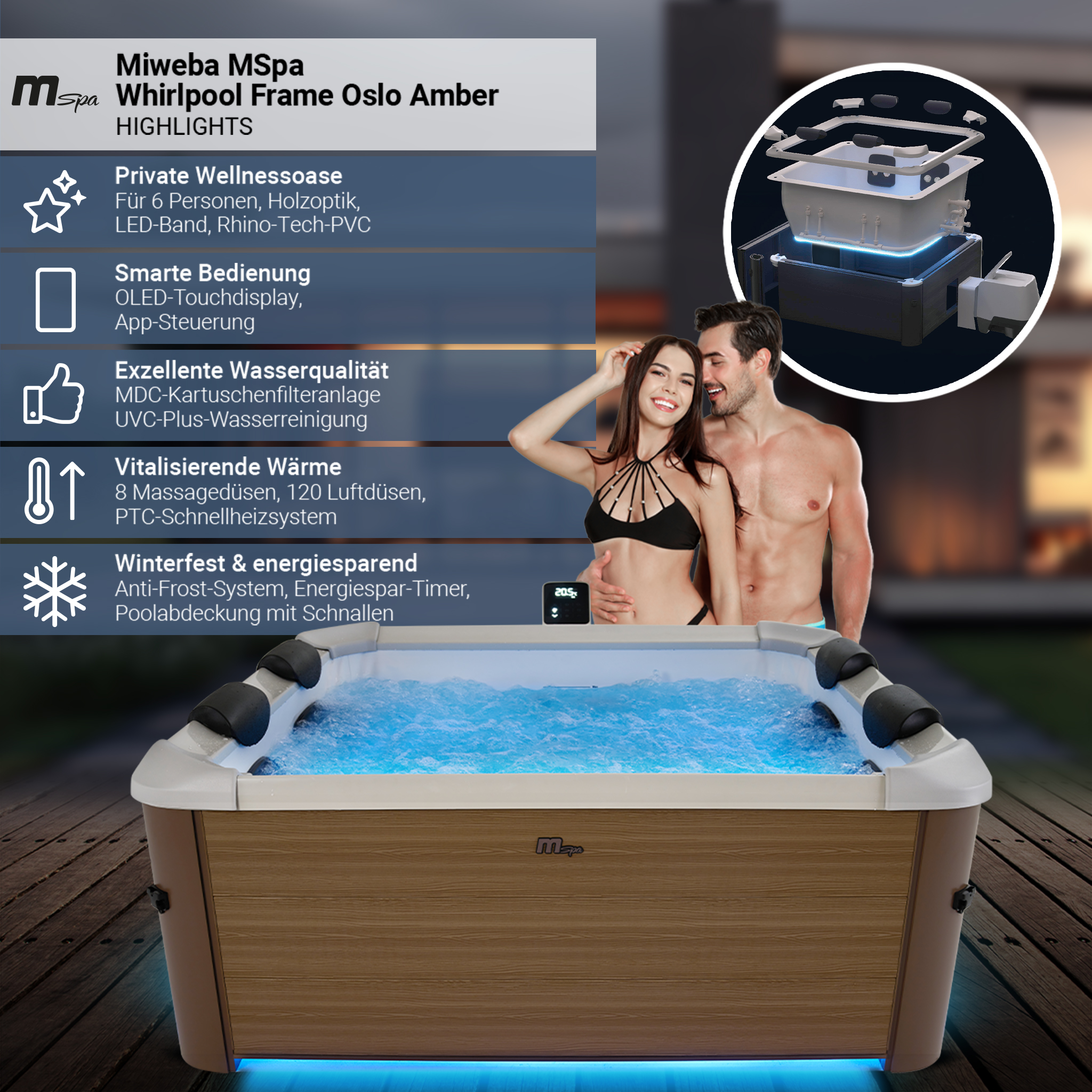 Ein Paar in einem Whirlpool mit blauem Wasser, Holzverkleidung und einem Text.