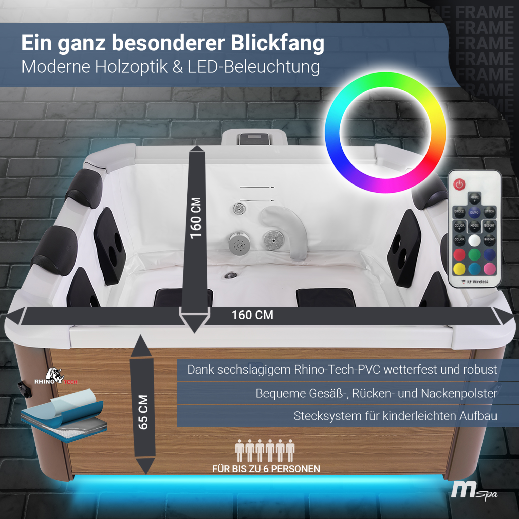 Das Bild zeigt einen Whirlpool mit LED-Beleuchtung, Abmessungen und Platz für sechs Personen.