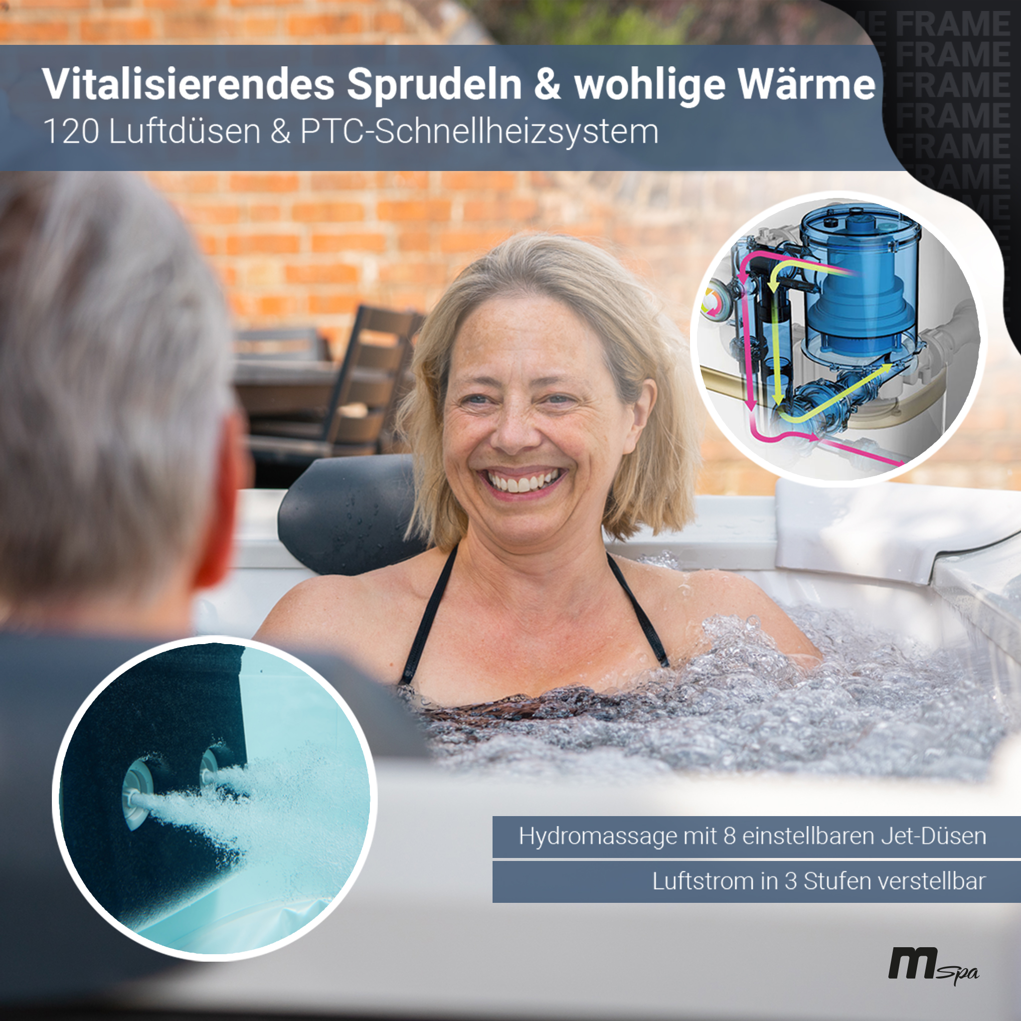 Eine Frau genießt einen Whirlpool mit Hydromassage-Düsen. Das Diagramm zeigt die Funktionsweise der Wanne.