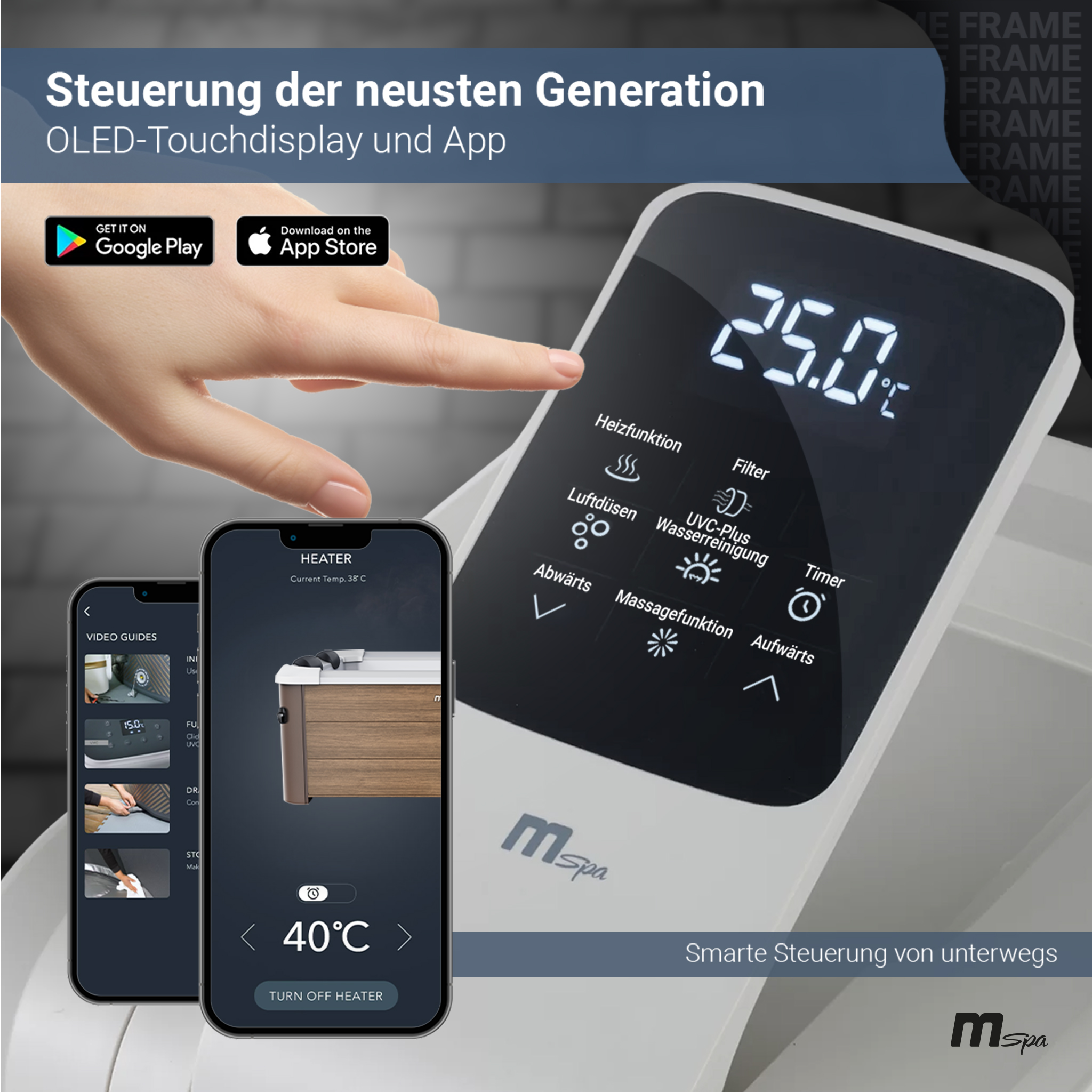 Das Bild zeigt einen digitalen Touchscreen und eine Telefon-App zur Steuerung eines Whirlpools.