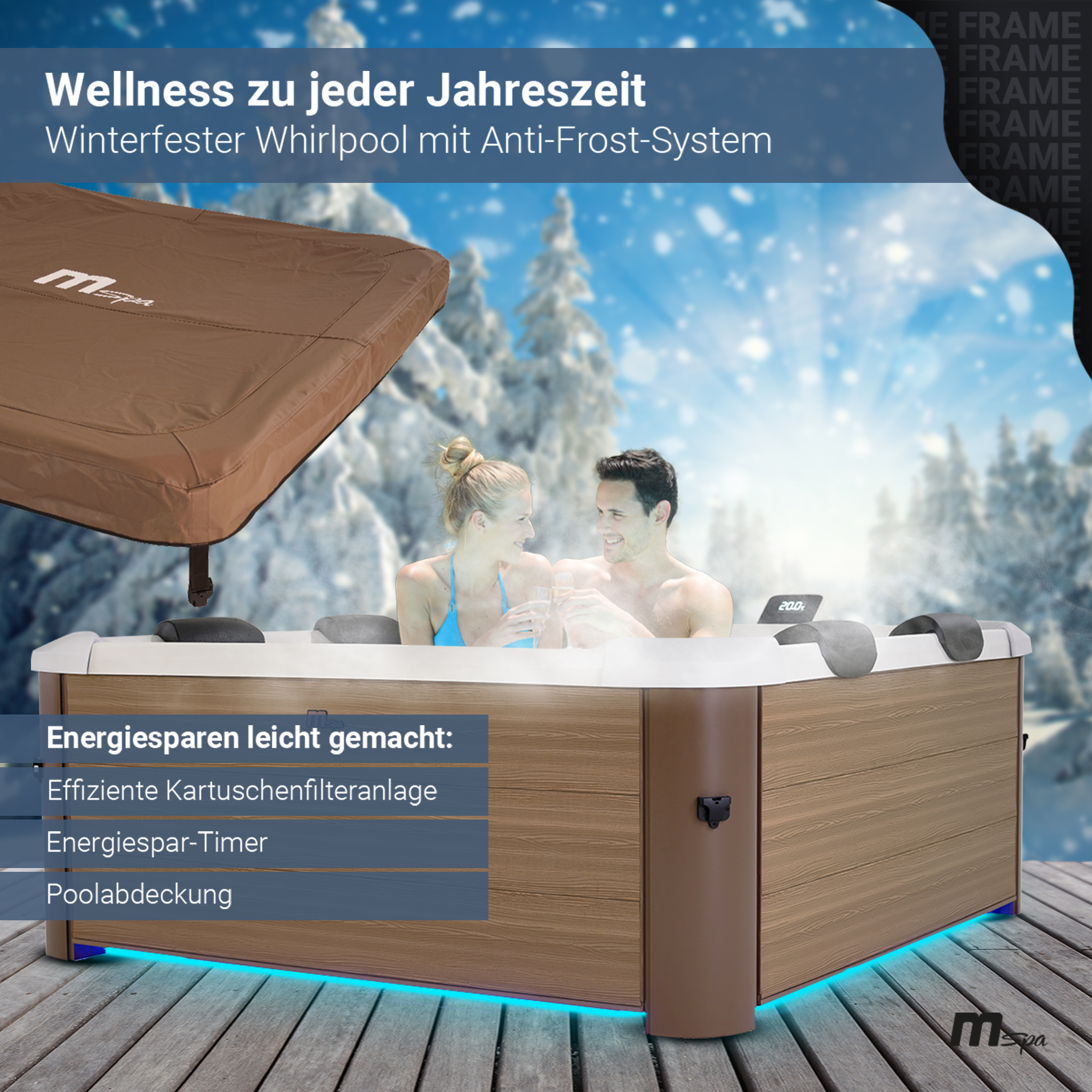 Ein Paar entspannt im Winter in einem Whirlpool. Verfügt über energiesparende Technik und eine Abdeckung.