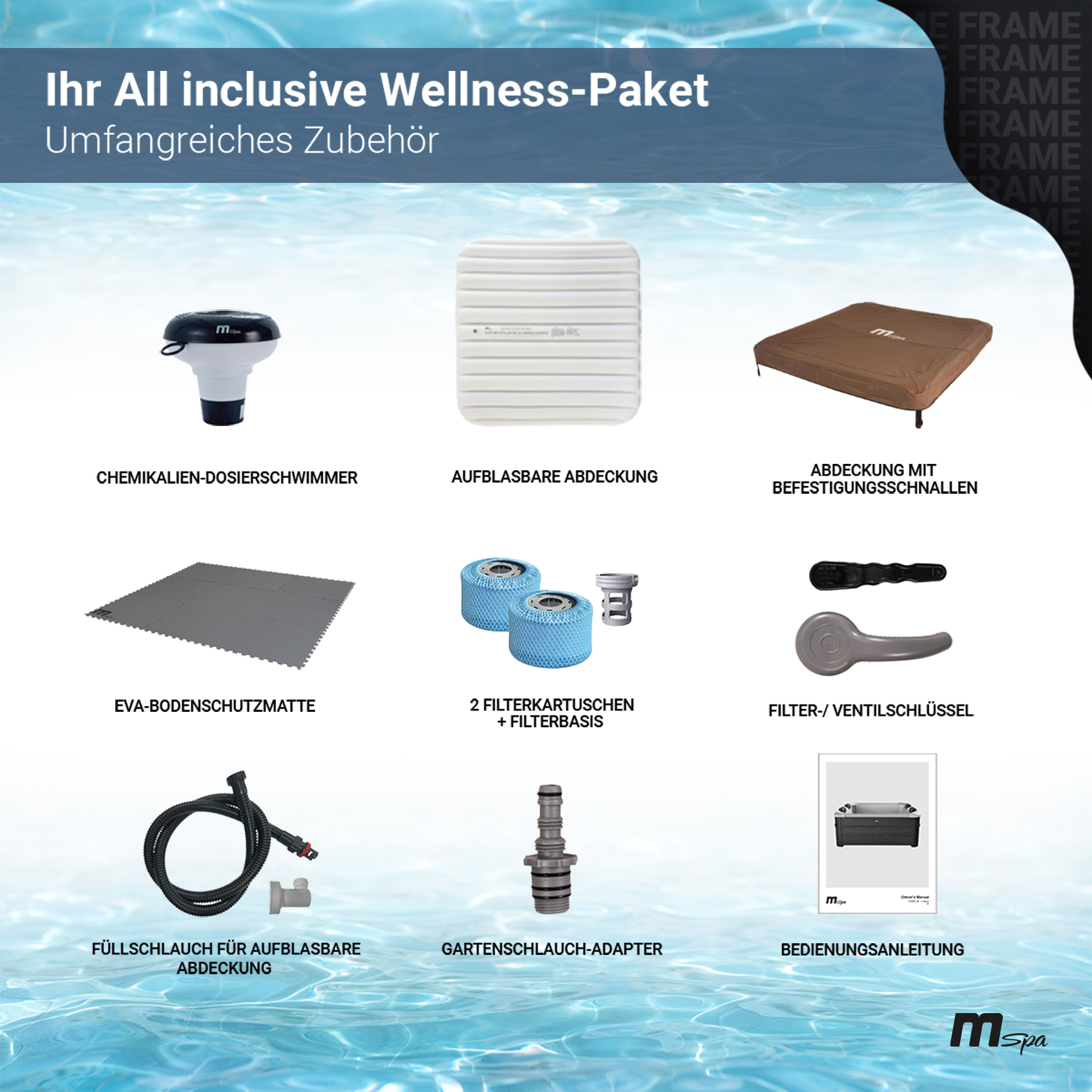 Das Bild zeigt ein All-Inclusive-Wellnesspaket mit Zubehör, einschließlich eines Chemikaliendosierschwimmers.