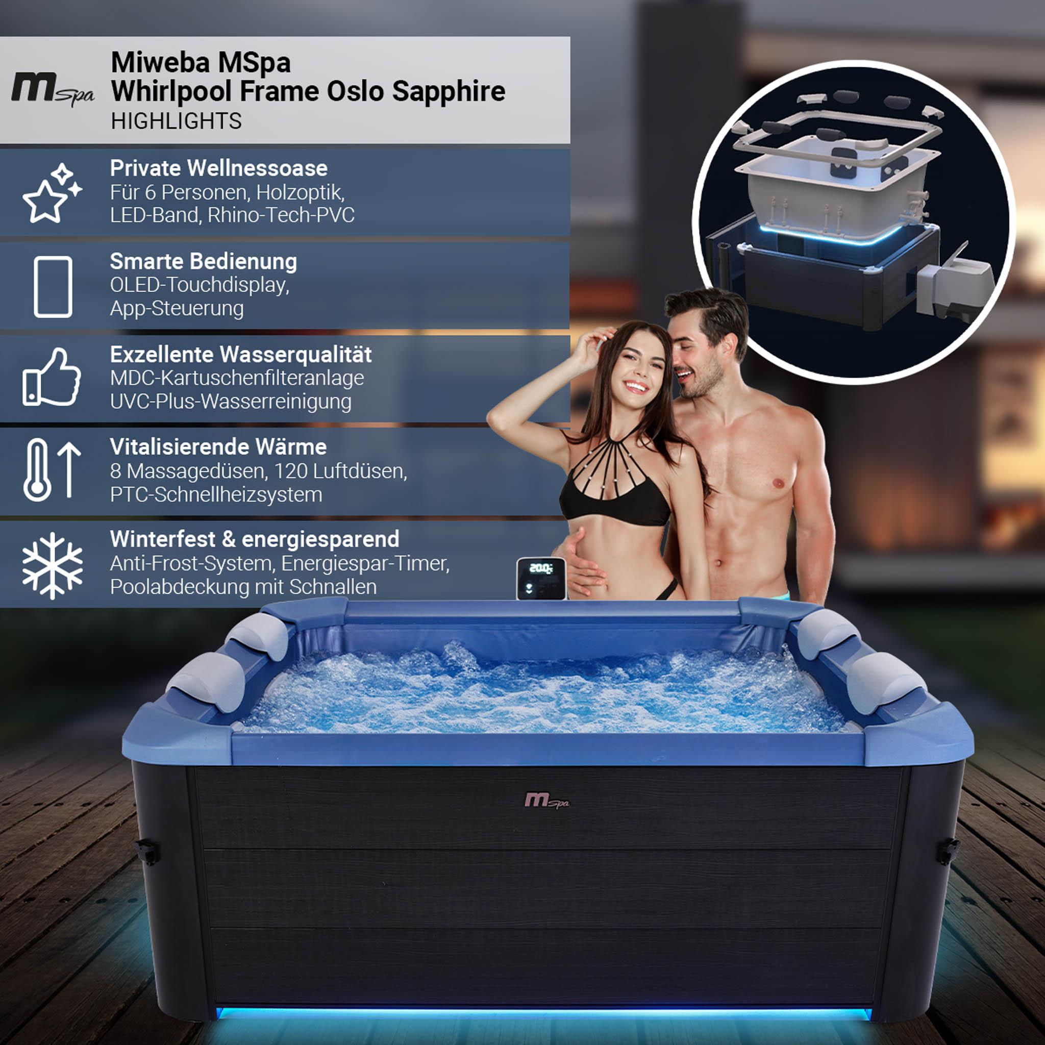 Ein Paar genießt einen saphirblauen Whirlpool mit Massagedüsen und App-gesteuerten Smart-Funktionen.
