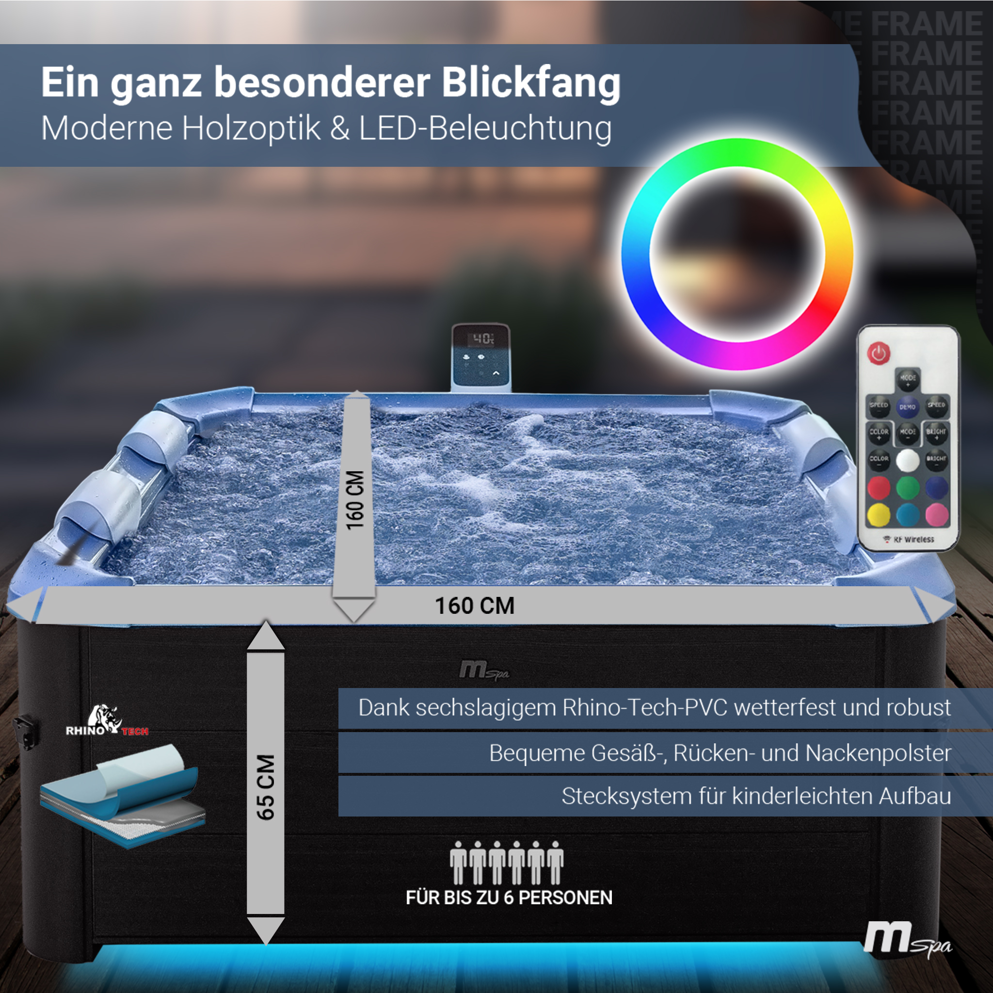 Whirlpool mit Text, Abmessungen und Fernbedienung.